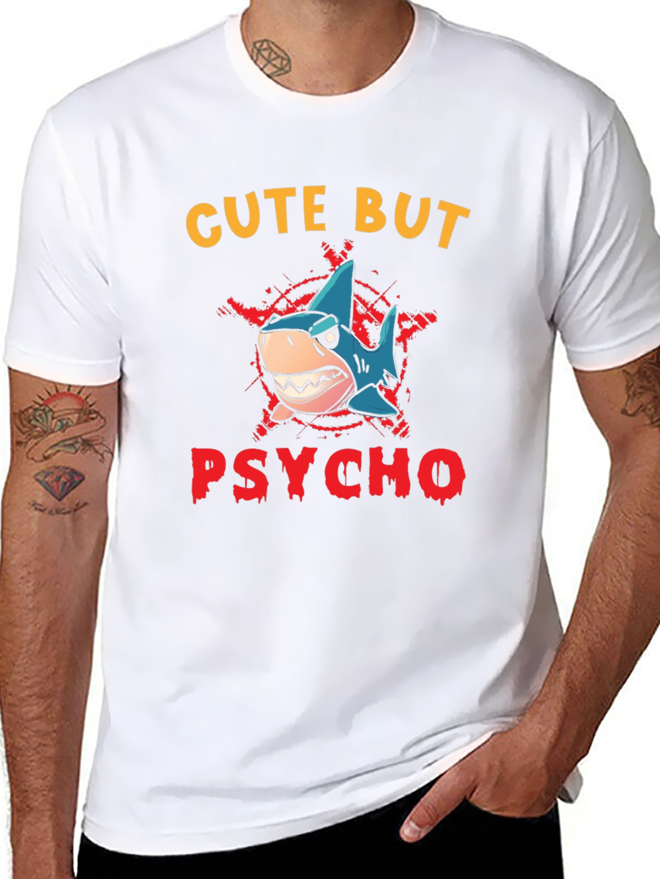 Cute But Psycho Shark Graphic Print T-Shirt - Black