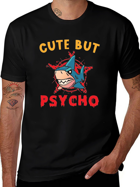 Cute But Psycho Shark Graphic Print T-Shirt - Black