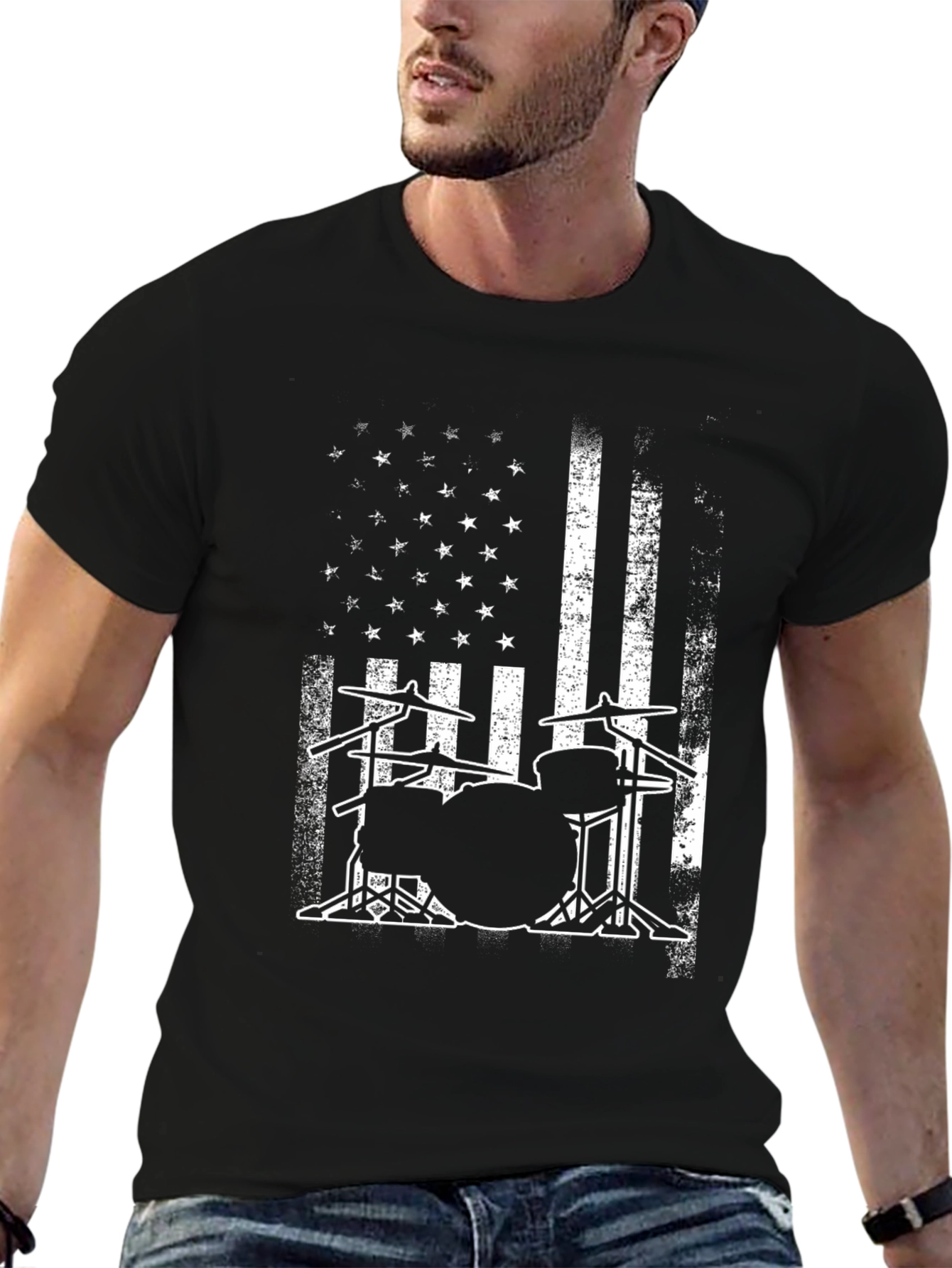 Drum Set American Flag Graphic T-Shirt