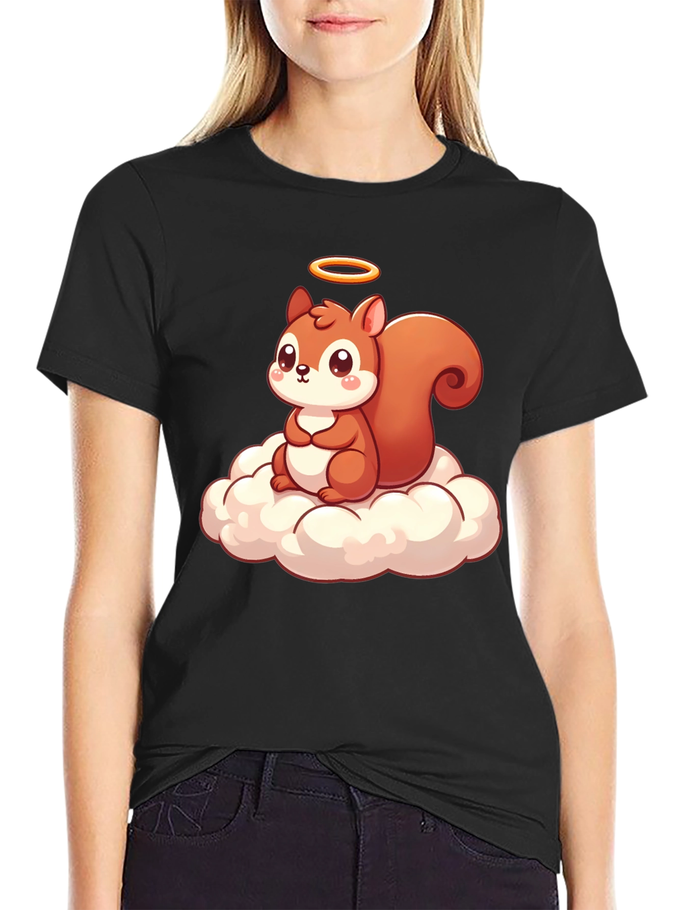 Cute Squirrel on Cloud Graphic T-Shirt - Black