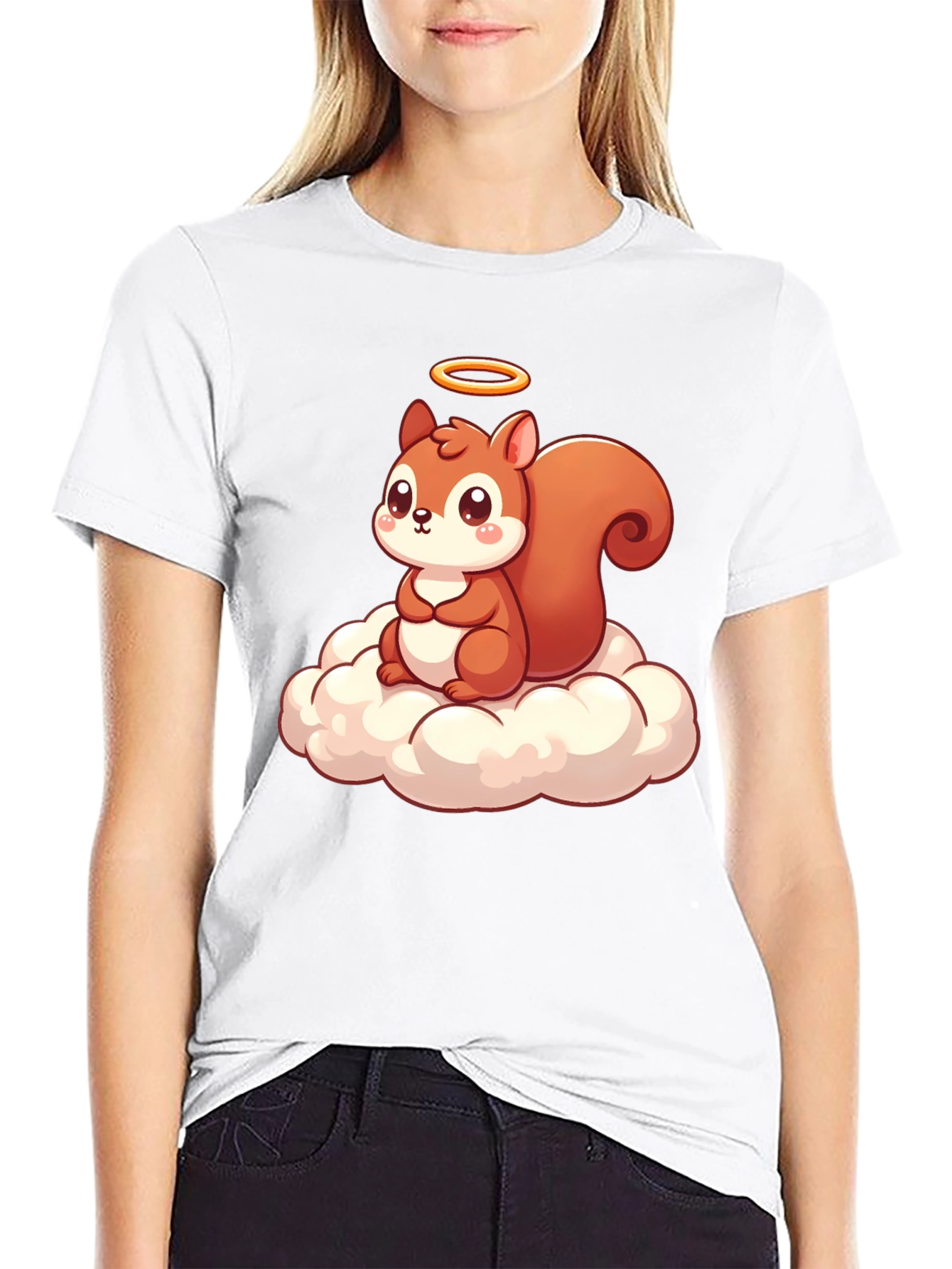 Cute Squirrel on Cloud Graphic T-Shirt - Black
