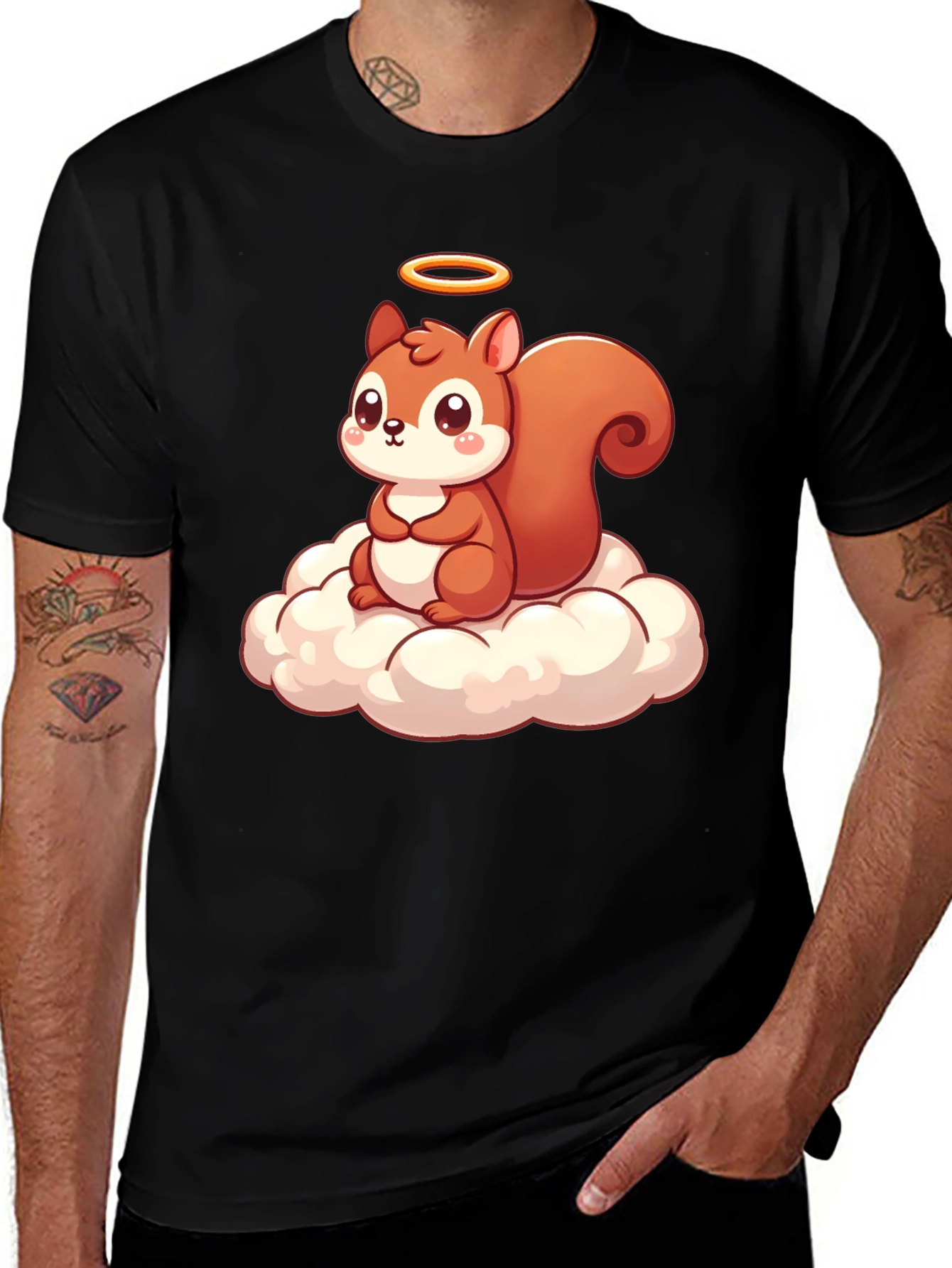 Cute Squirrel on Cloud Graphic T-Shirt - Black