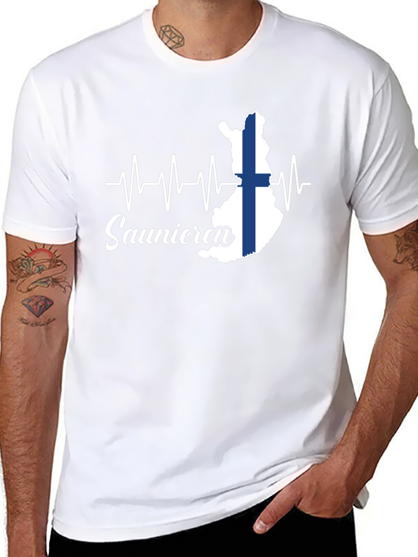 Finnish Sauna Lover T-Shirt - Finland Flag Heartbeat Design