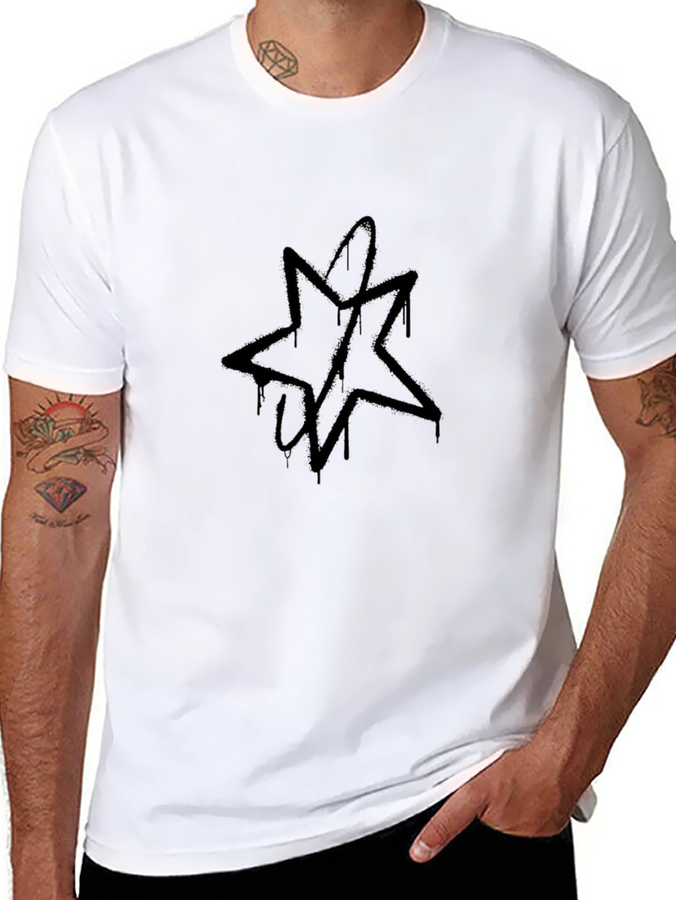 Mens Black Graphic Tee - Star Design