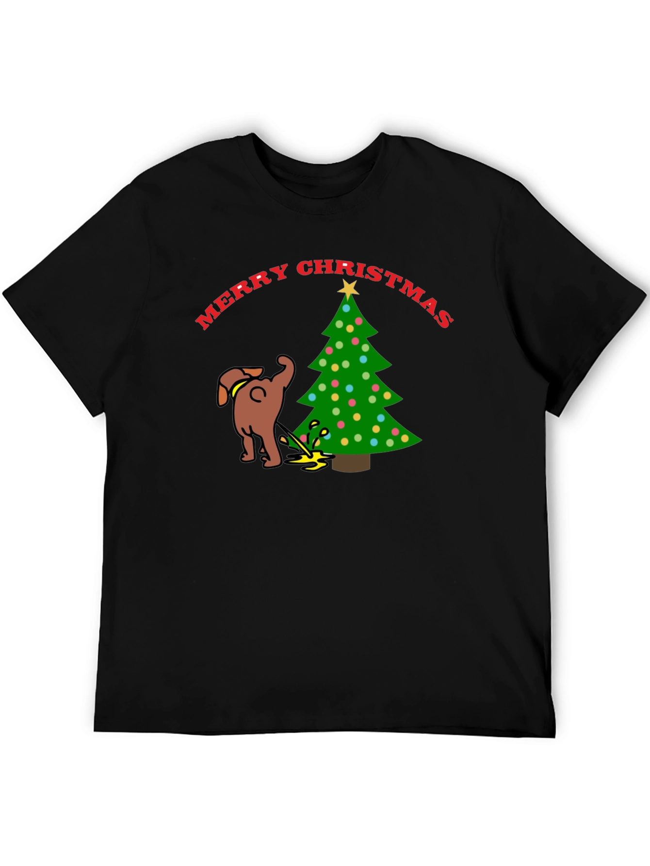 Merry Christmas Dog Peeing on Tree Black T-Shirt