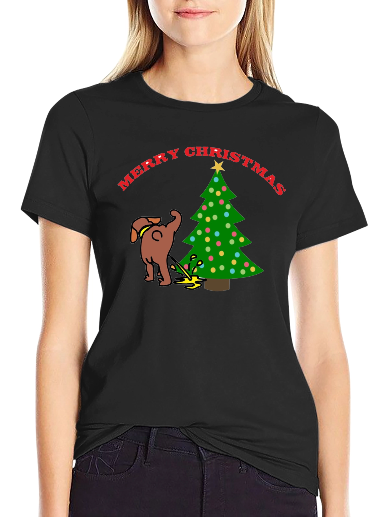 Merry Christmas Dog Peeing on Tree Black T-Shirt