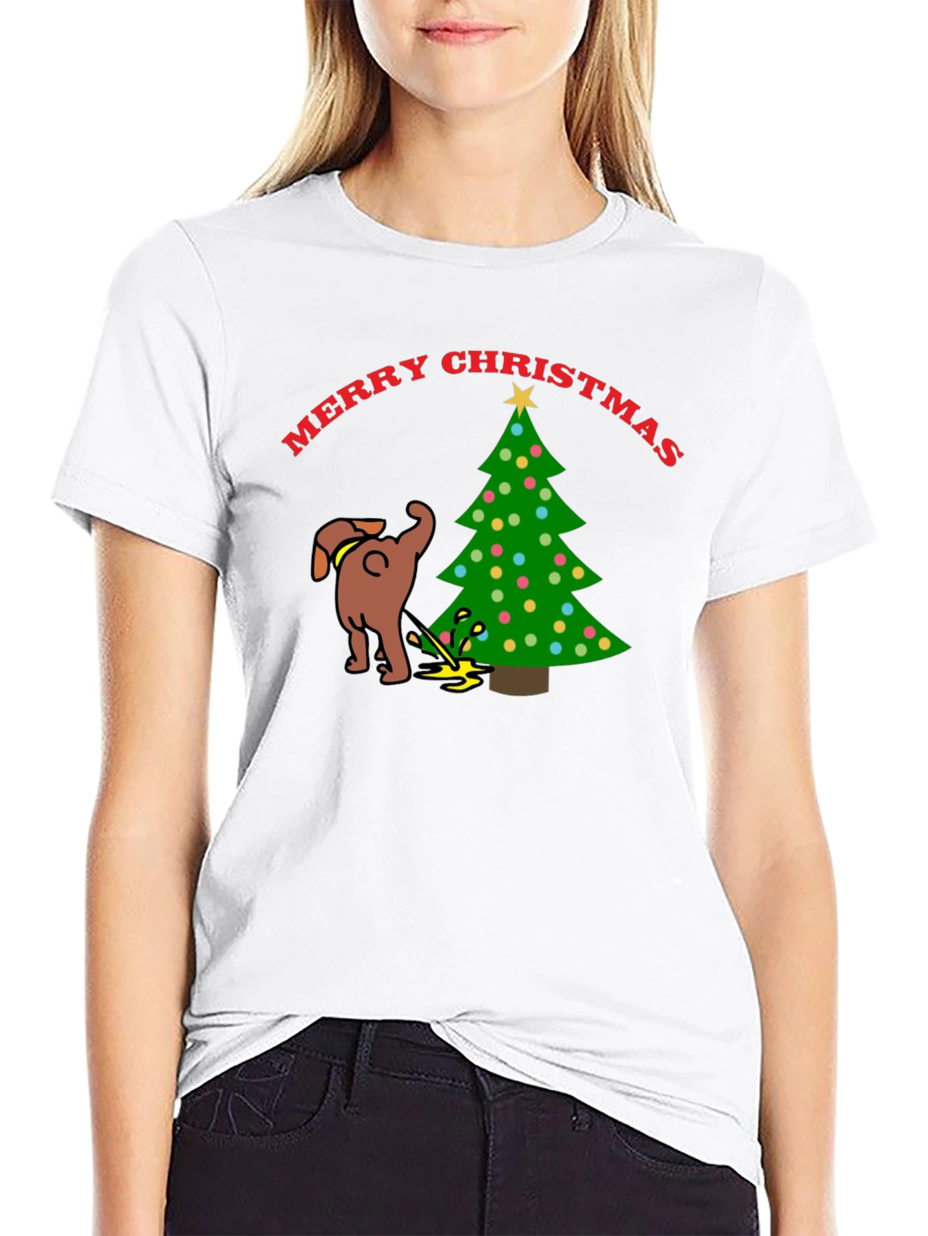 Merry Christmas Dog Peeing on Tree Black T-Shirt