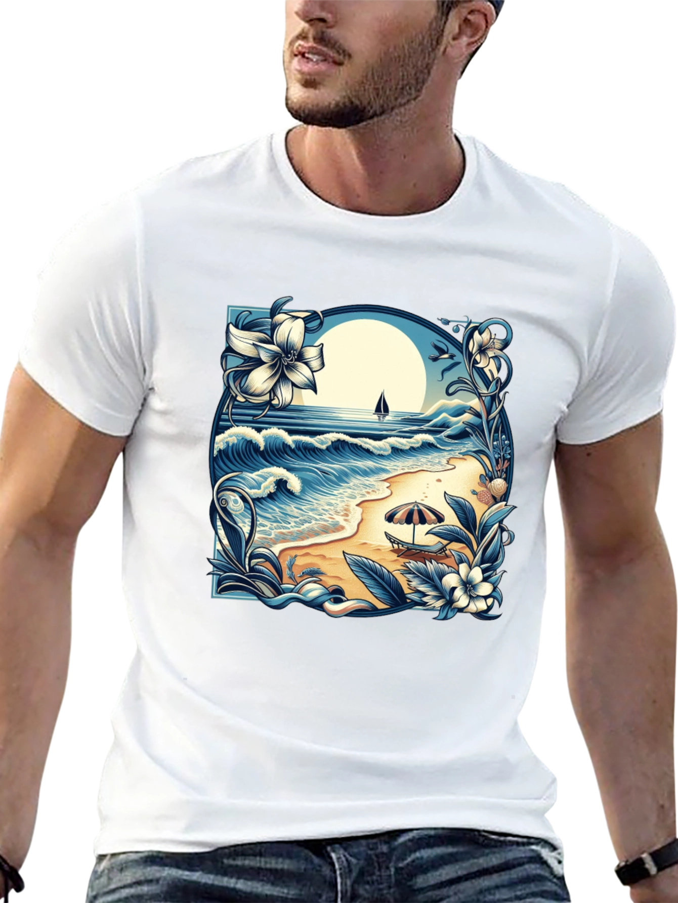 Beach Scene Graphic Tee - Black Cotton T-Shirt