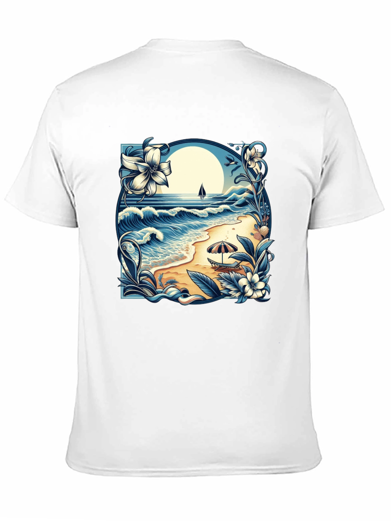 Beach Scene Graphic Tee - Black Cotton T-Shirt