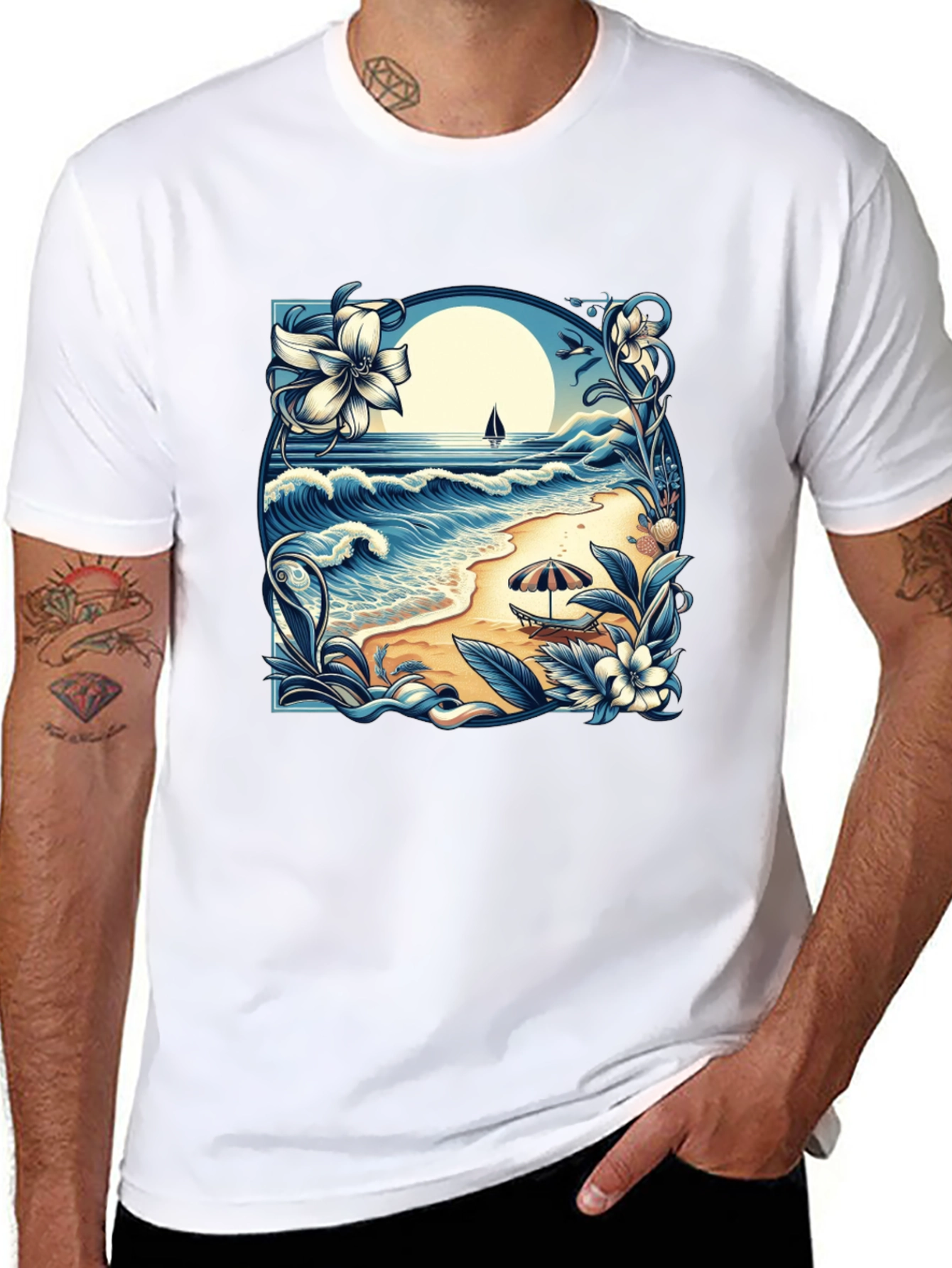 Beach Scene Graphic Tee - Black Cotton T-Shirt