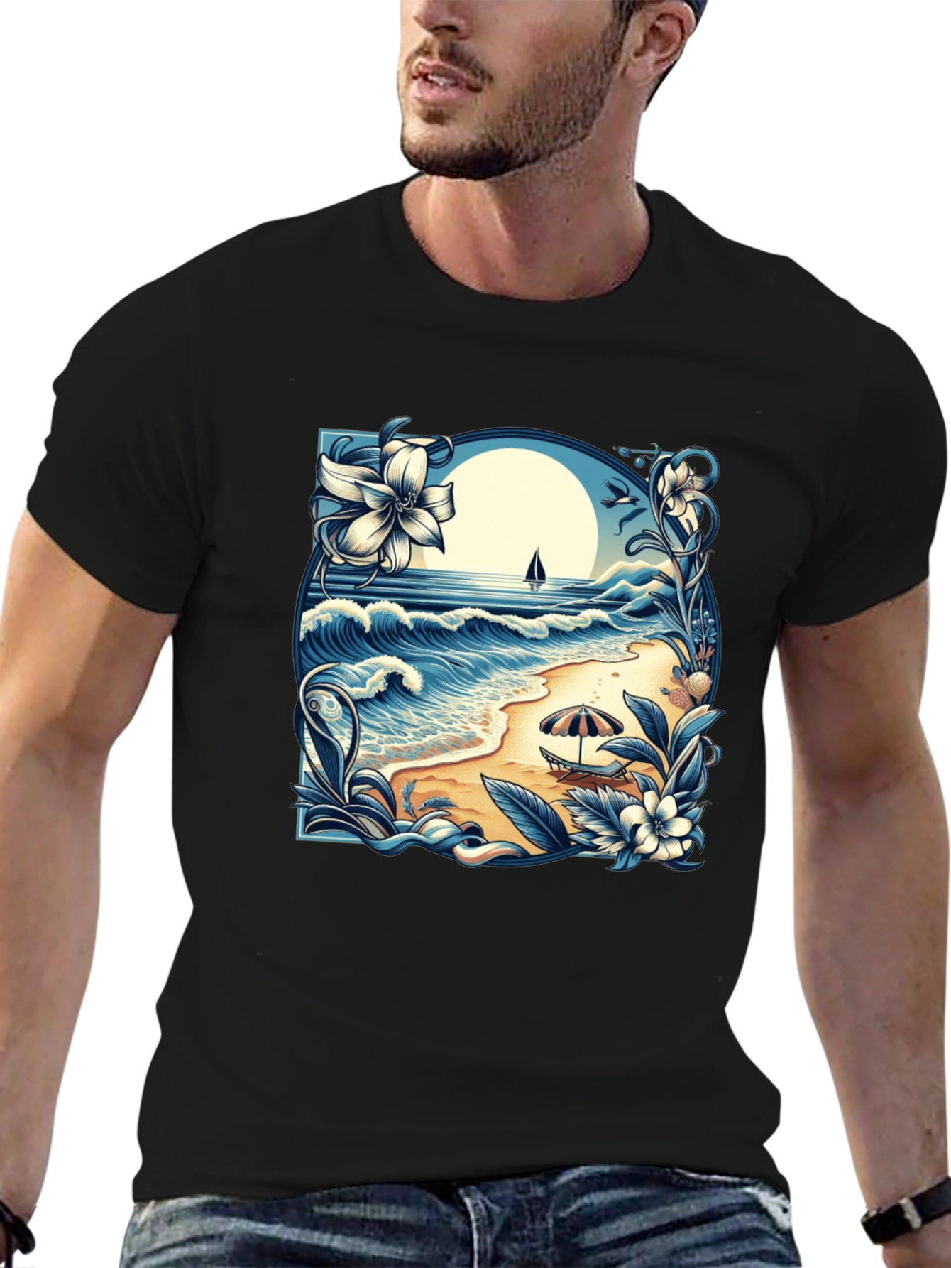 Beach Scene Graphic Tee - Black Cotton T-Shirt
