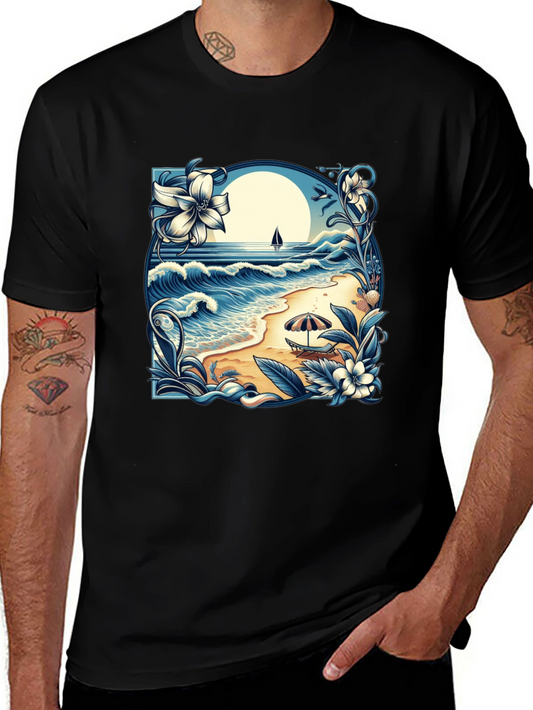 Beach Scene Graphic Tee - Black Cotton T-Shirt