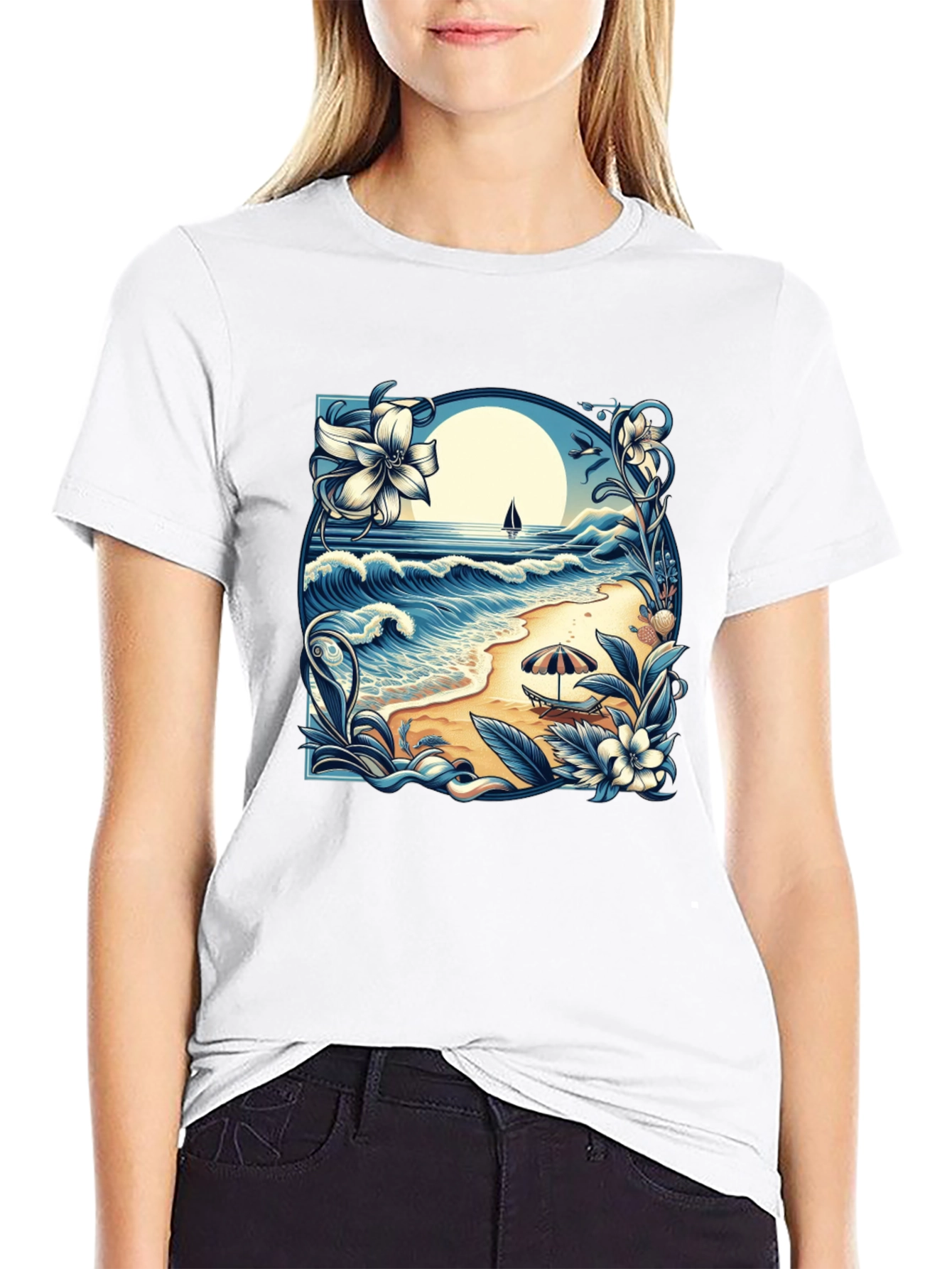 Beach Scene Graphic Tee - Black Cotton T-Shirt