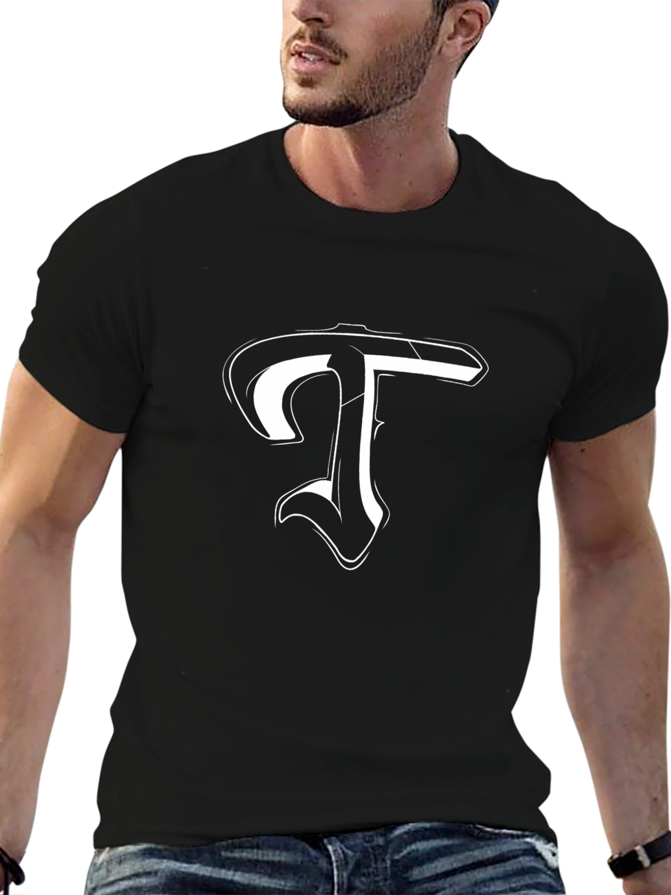 Black T-Shirt with White Letter T Design
