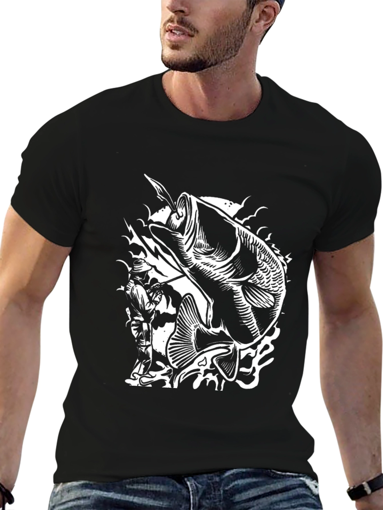 Bass Fishing Graphic Tee - Black Cotton Comfort