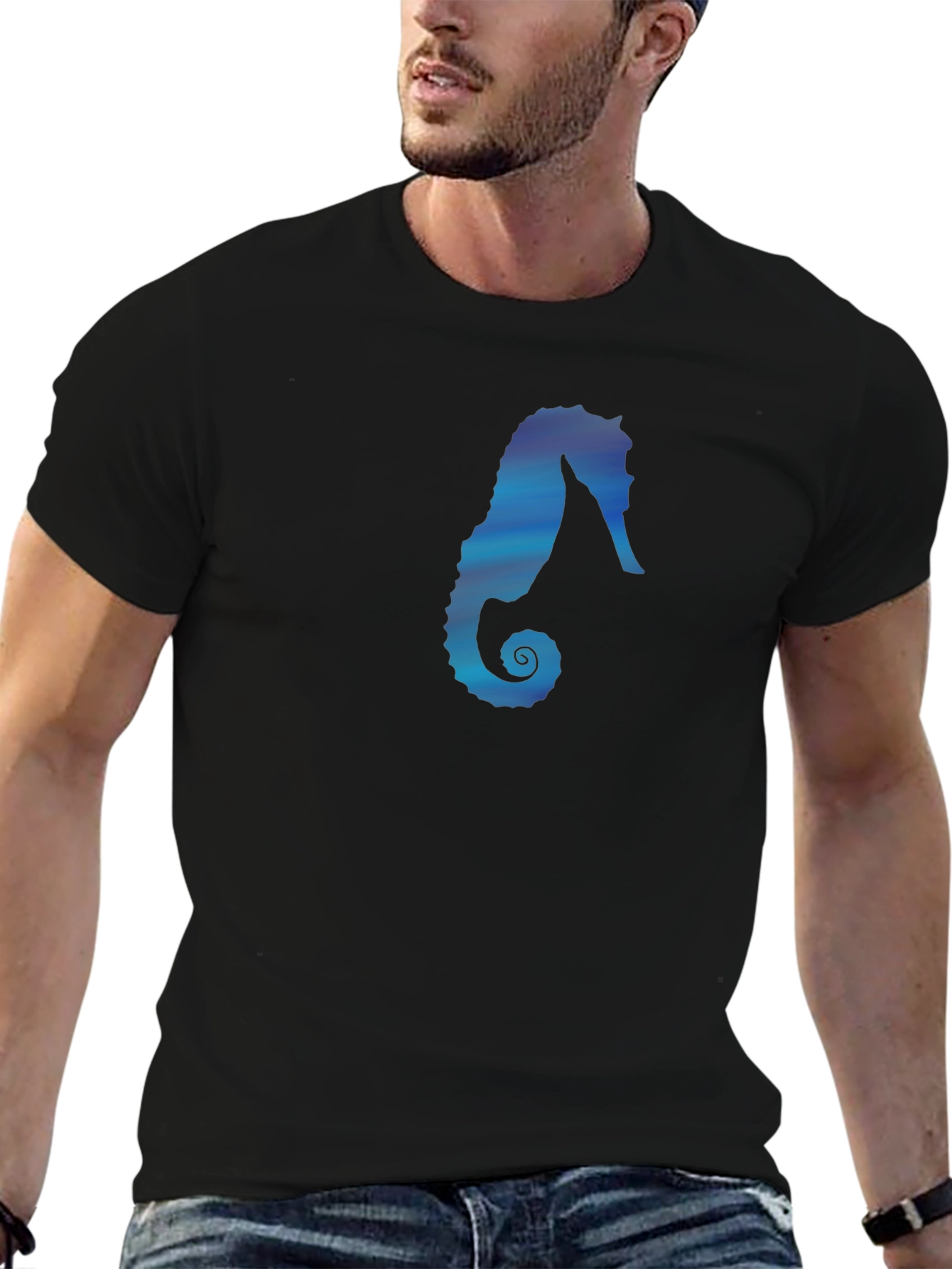 Seahorse Graphic Tee - Black Cotton Casual Top