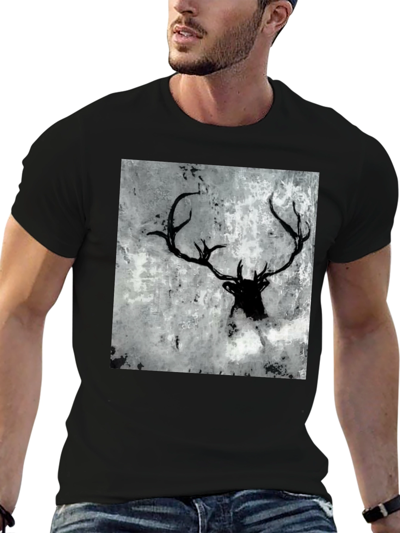 Black Deer Antler Graphic Tee - Abstract Print Shirt