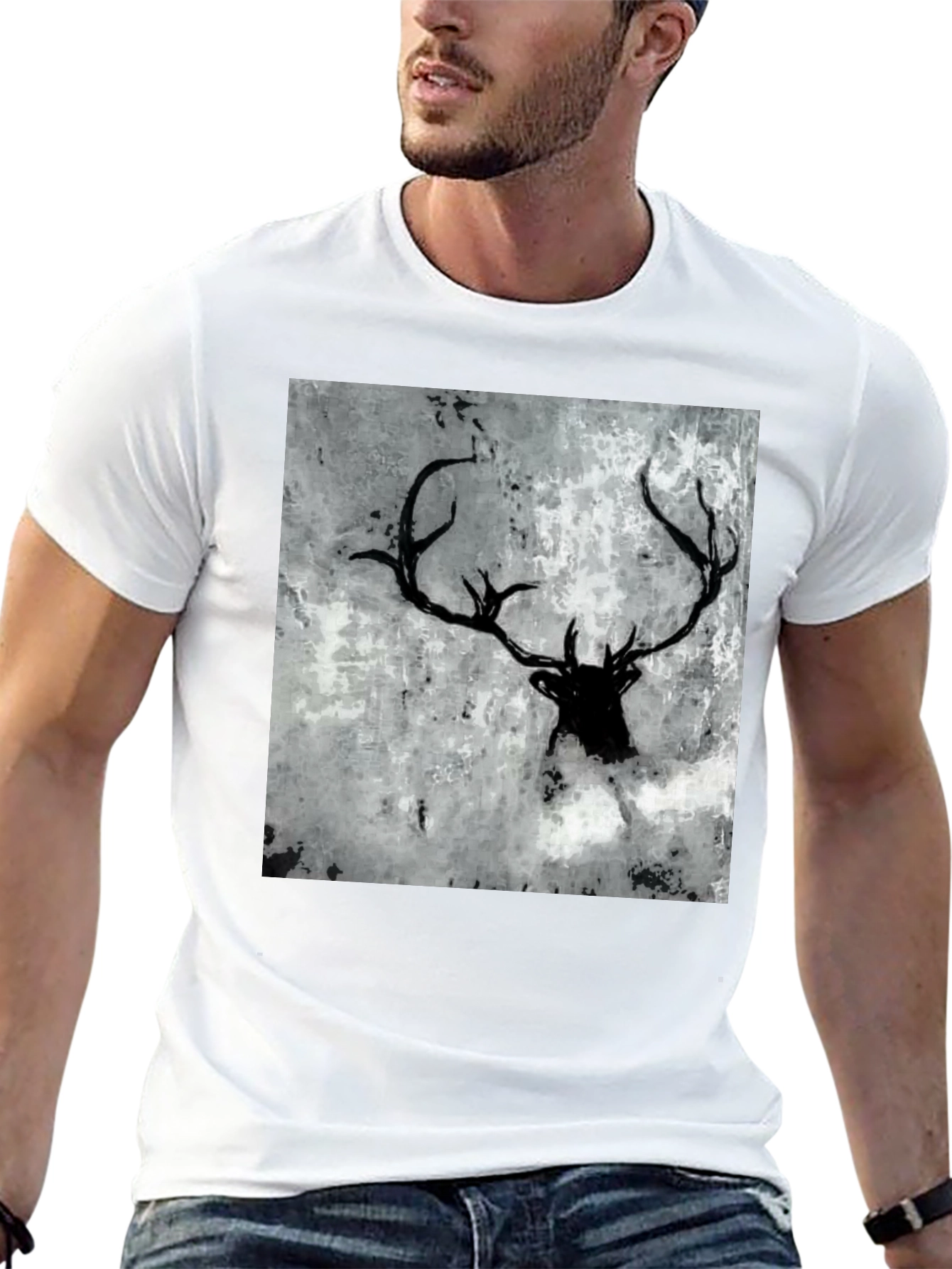 Black Deer Antler Graphic Tee - Abstract Print Shirt