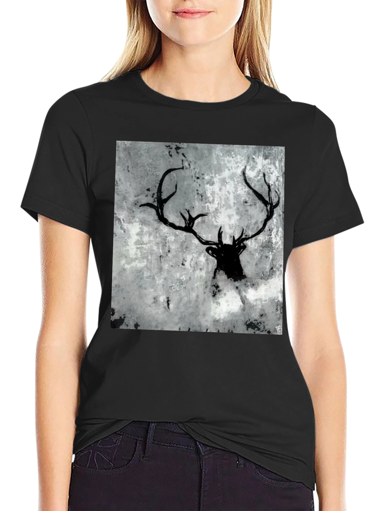 Black Deer Antler Graphic Tee - Abstract Print Shirt