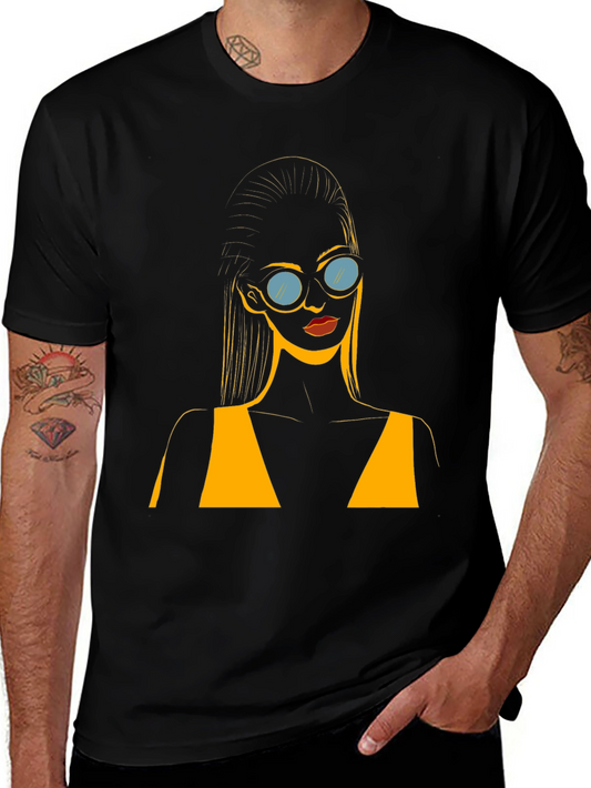 Stylish Black T-Shirt with Retro Sunglasses Girl Design