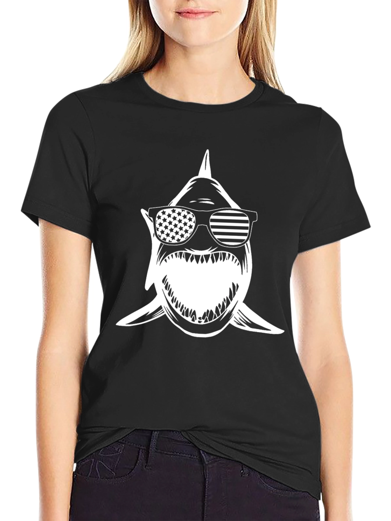 Shark with American Flag Sunglasses Black Tee