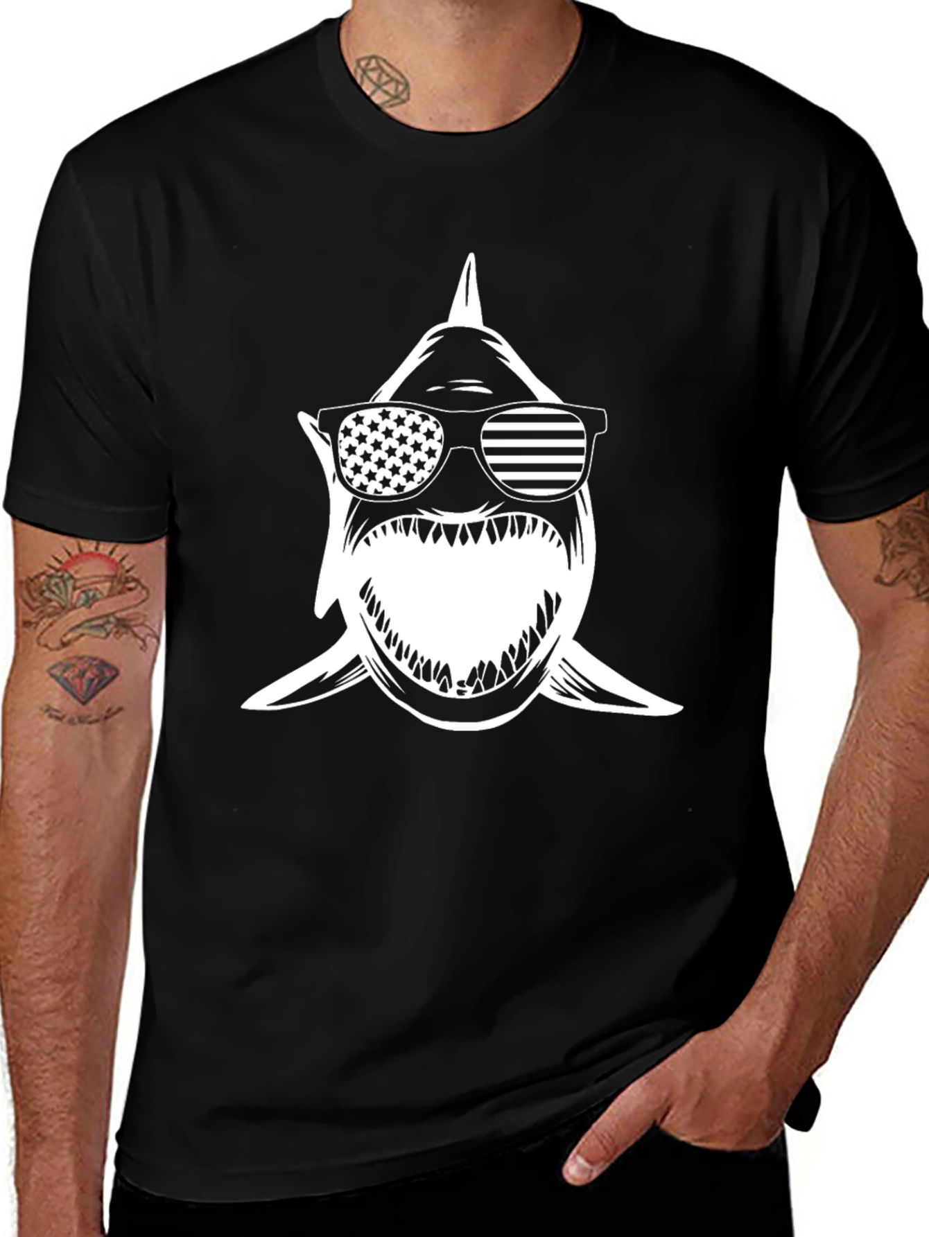 Shark with American Flag Sunglasses Black Tee