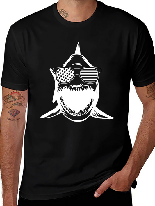 Shark with American Flag Sunglasses Black Tee