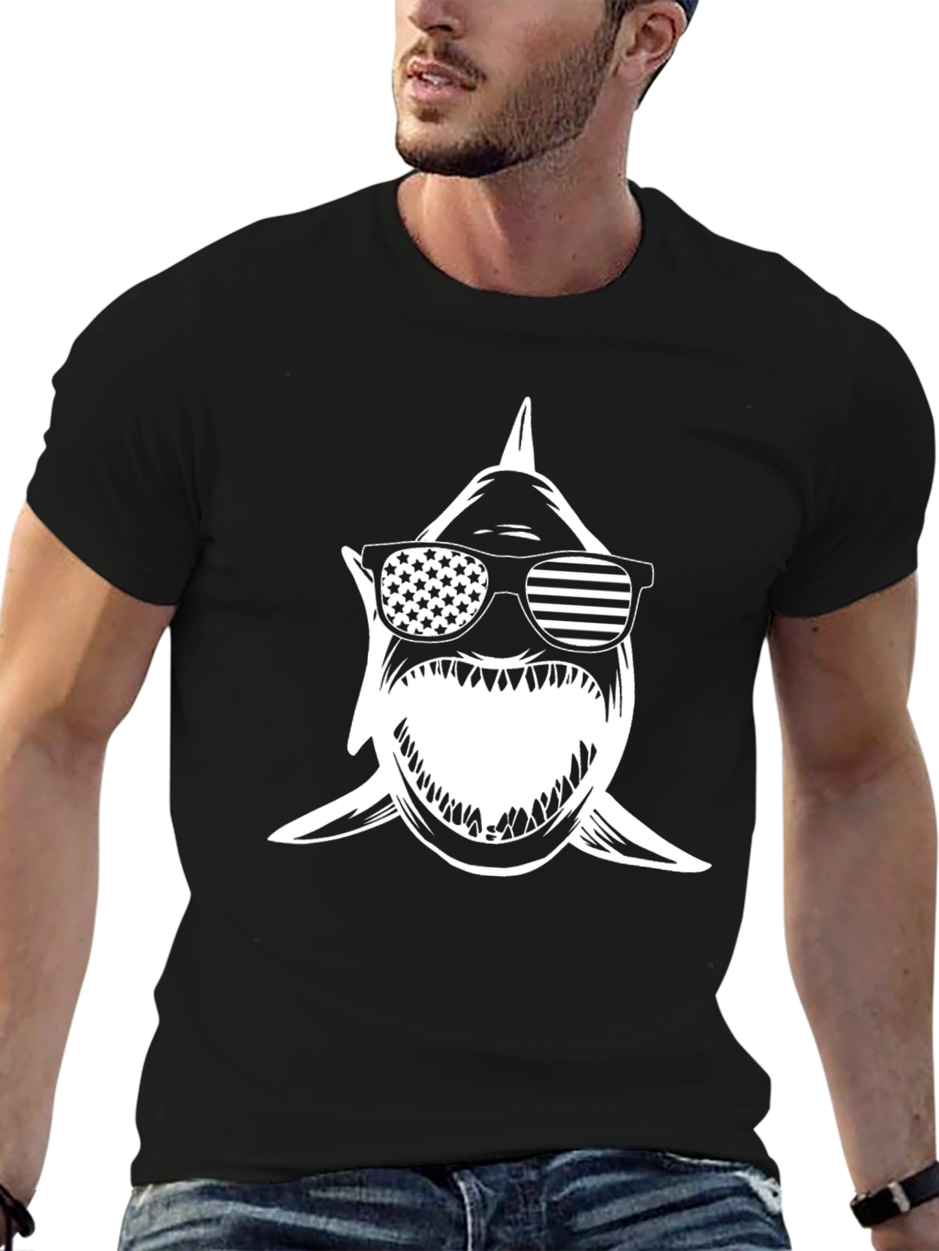 Shark with American Flag Sunglasses Black Tee