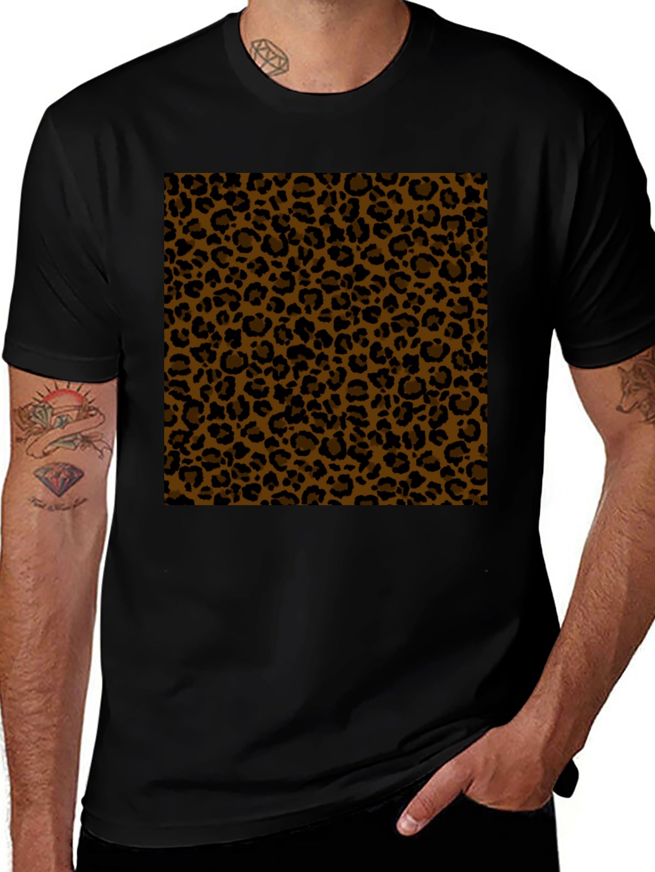 Black Tee with Leopard Print Panel