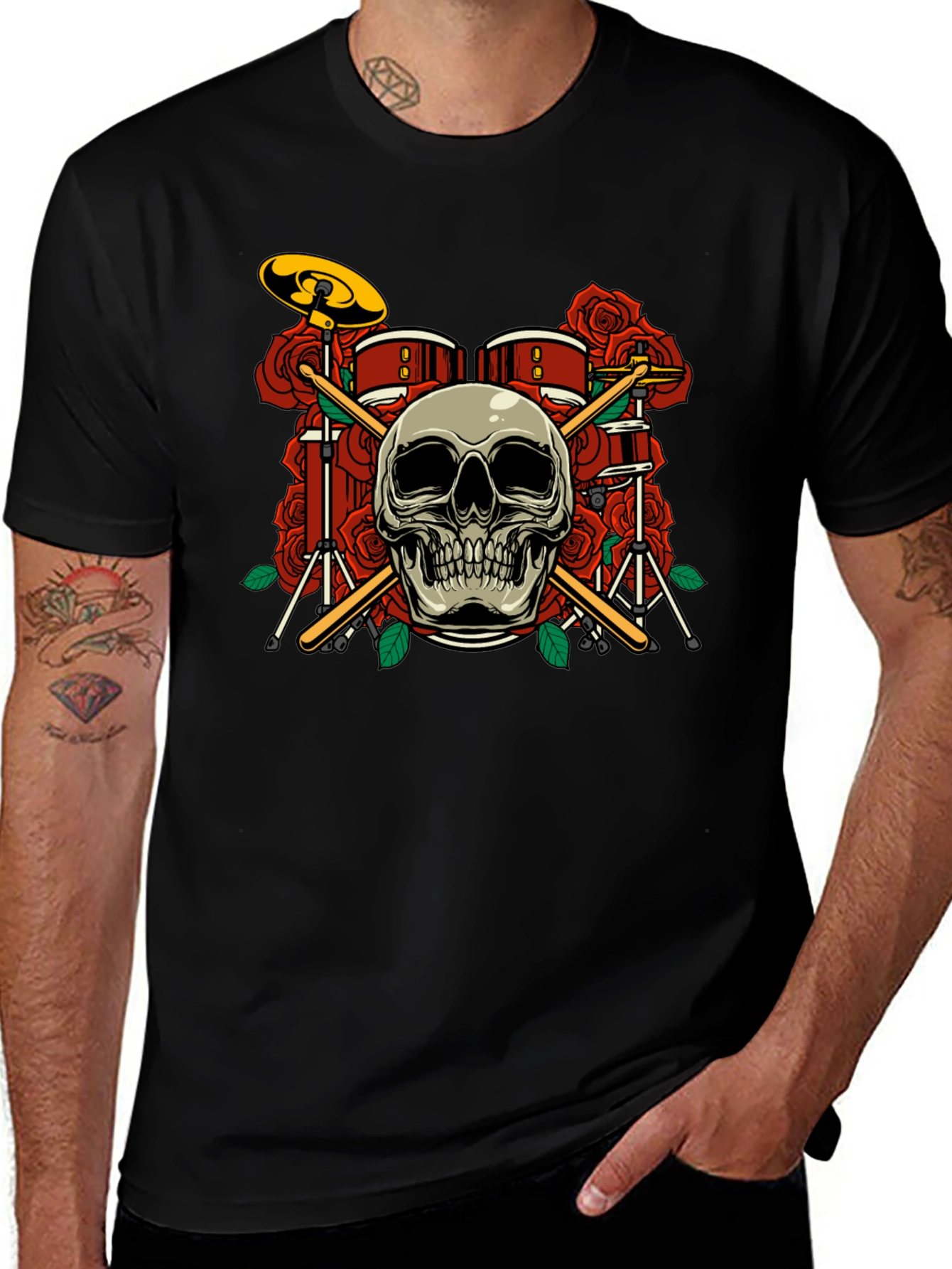 Skull Drum Set Roses Graphic Tee