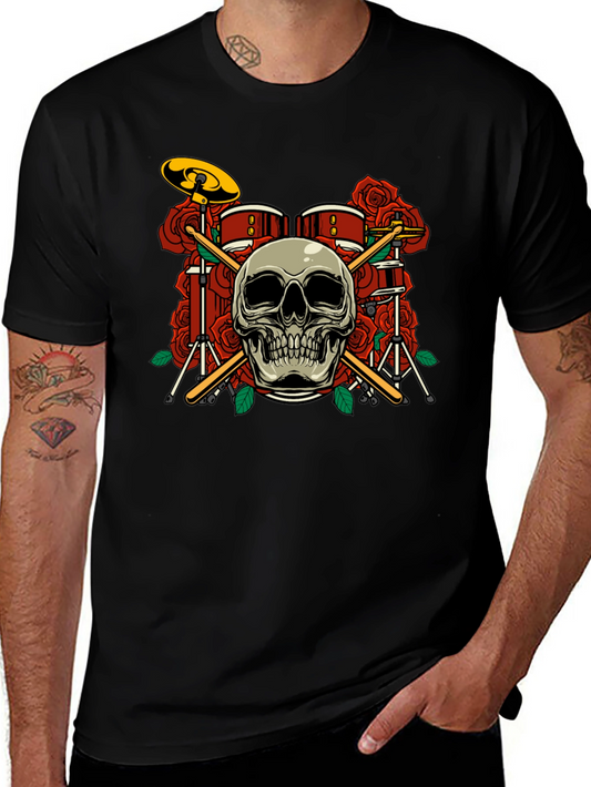 Skull Drum Set Roses Graphic Tee