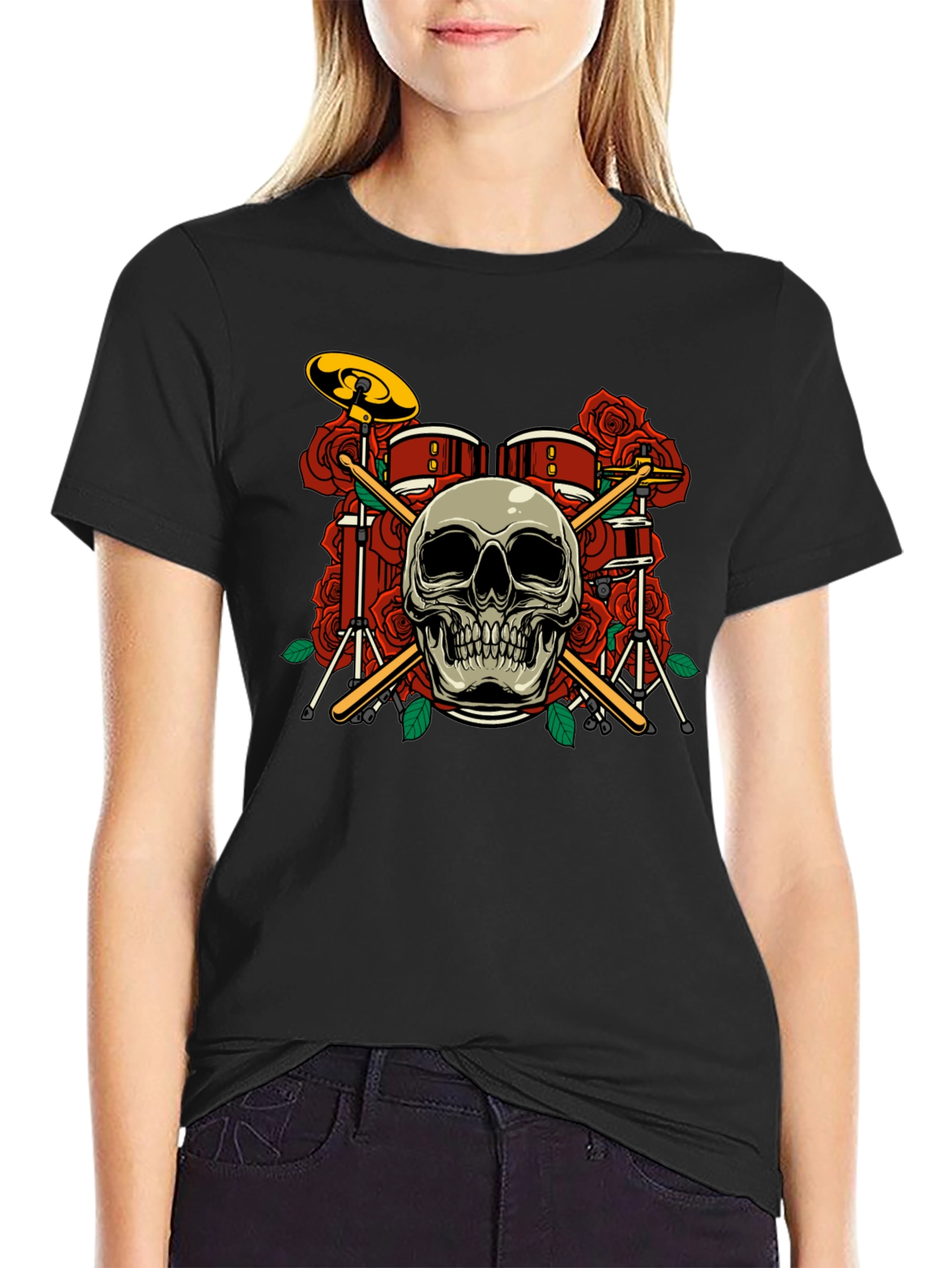 Skull Drum Set Roses Graphic Tee