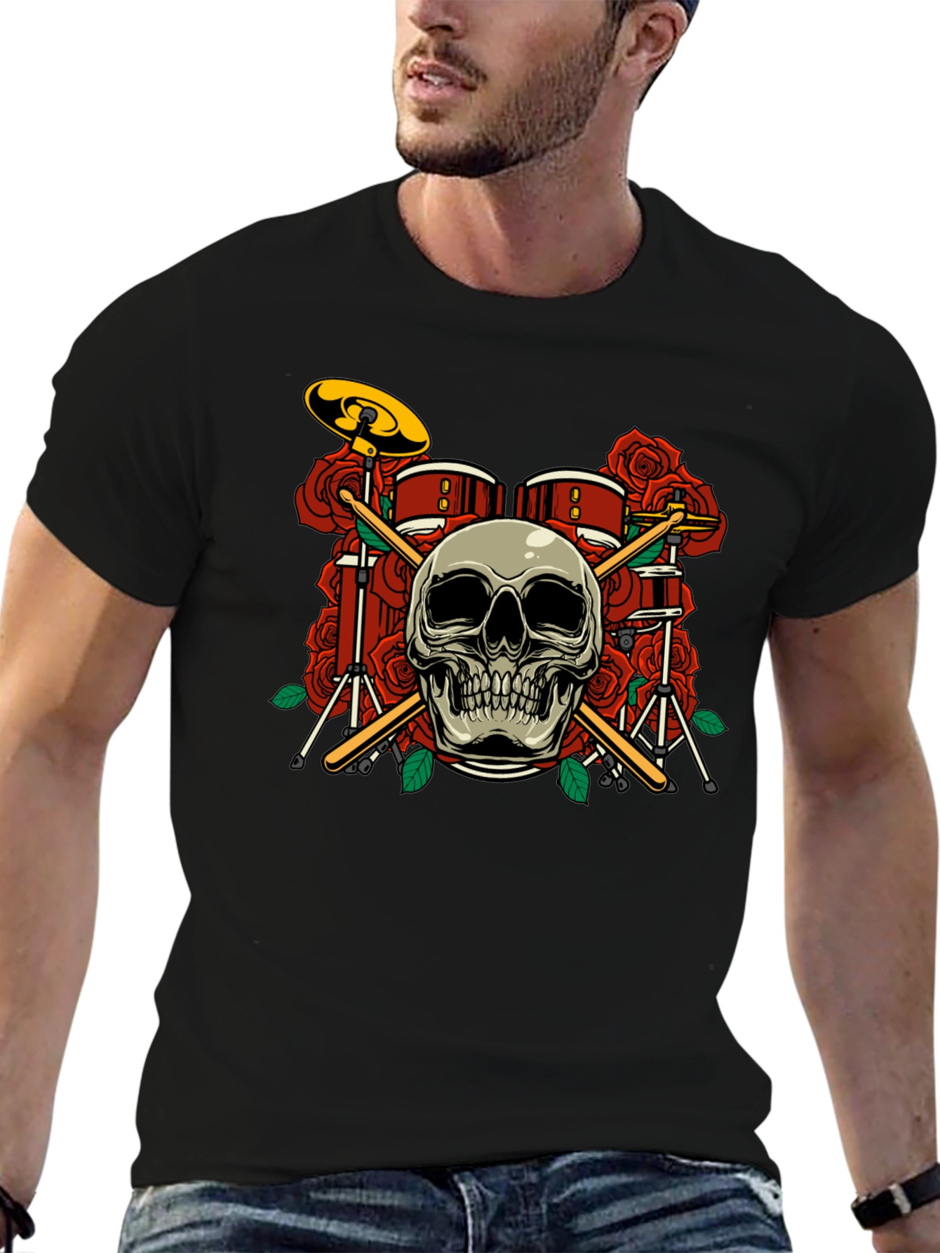 Skull Drum Set Roses Graphic Tee