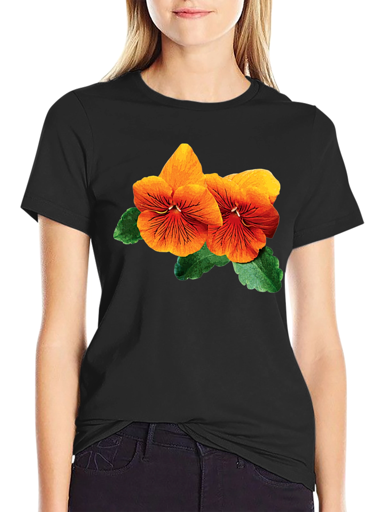 Floral Pansy T-Shirt - Stylish Black Cotton Tee