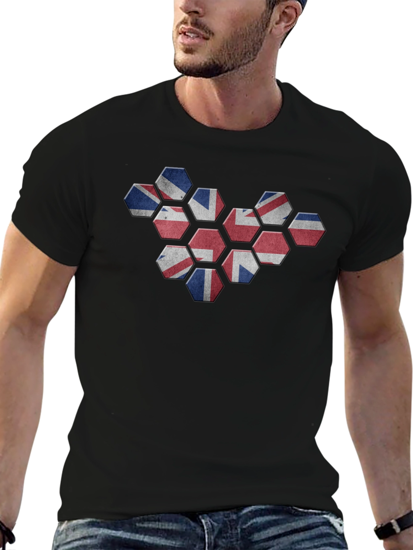 Union Jack Honeycomb Graphic Tee - Black Cotton Blend