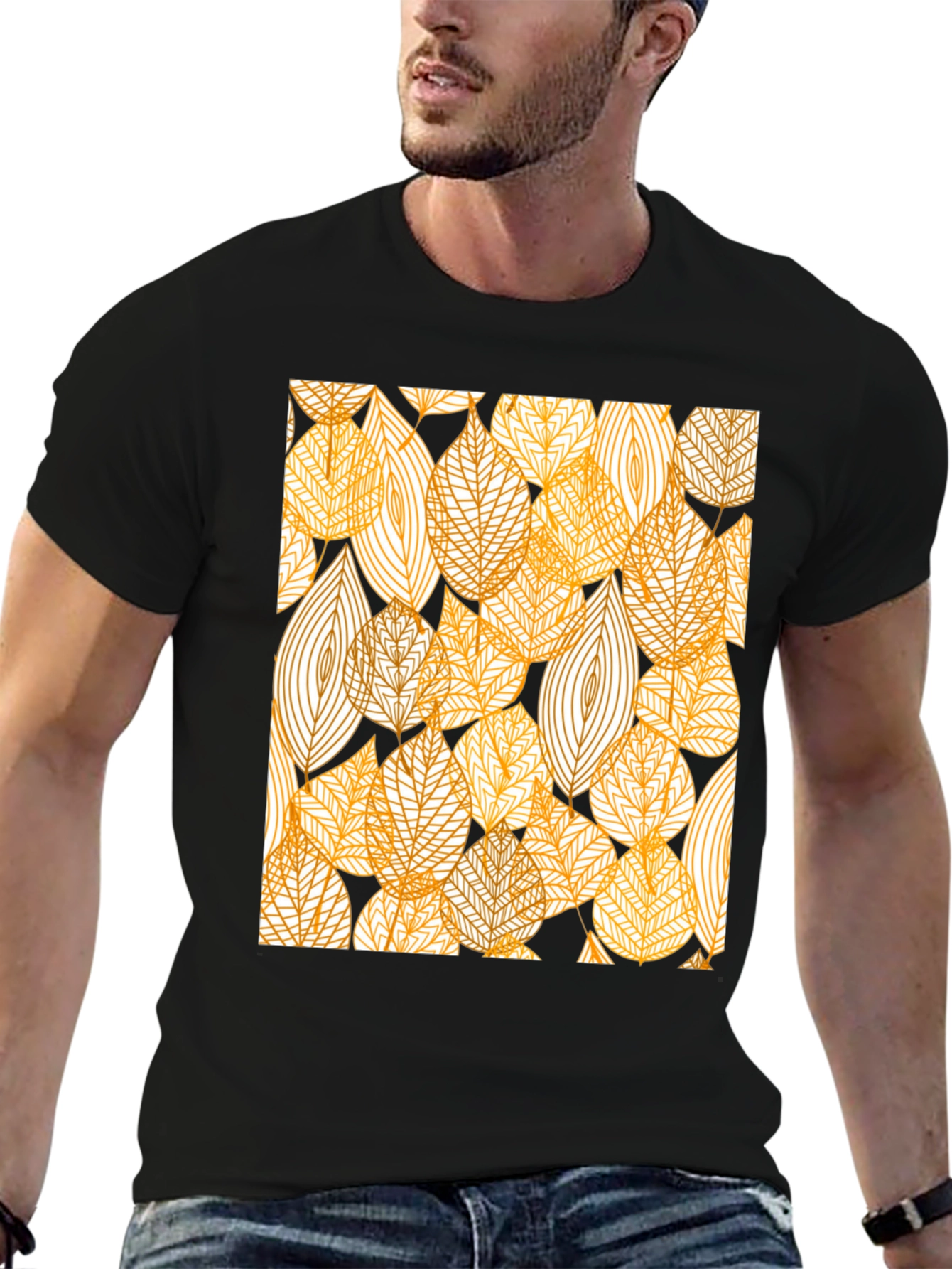 Stylish Leaf Pattern Black T-Shirt