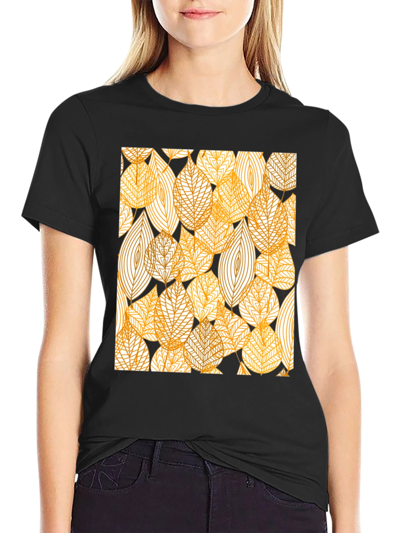 Stylish Leaf Pattern Black T-Shirt