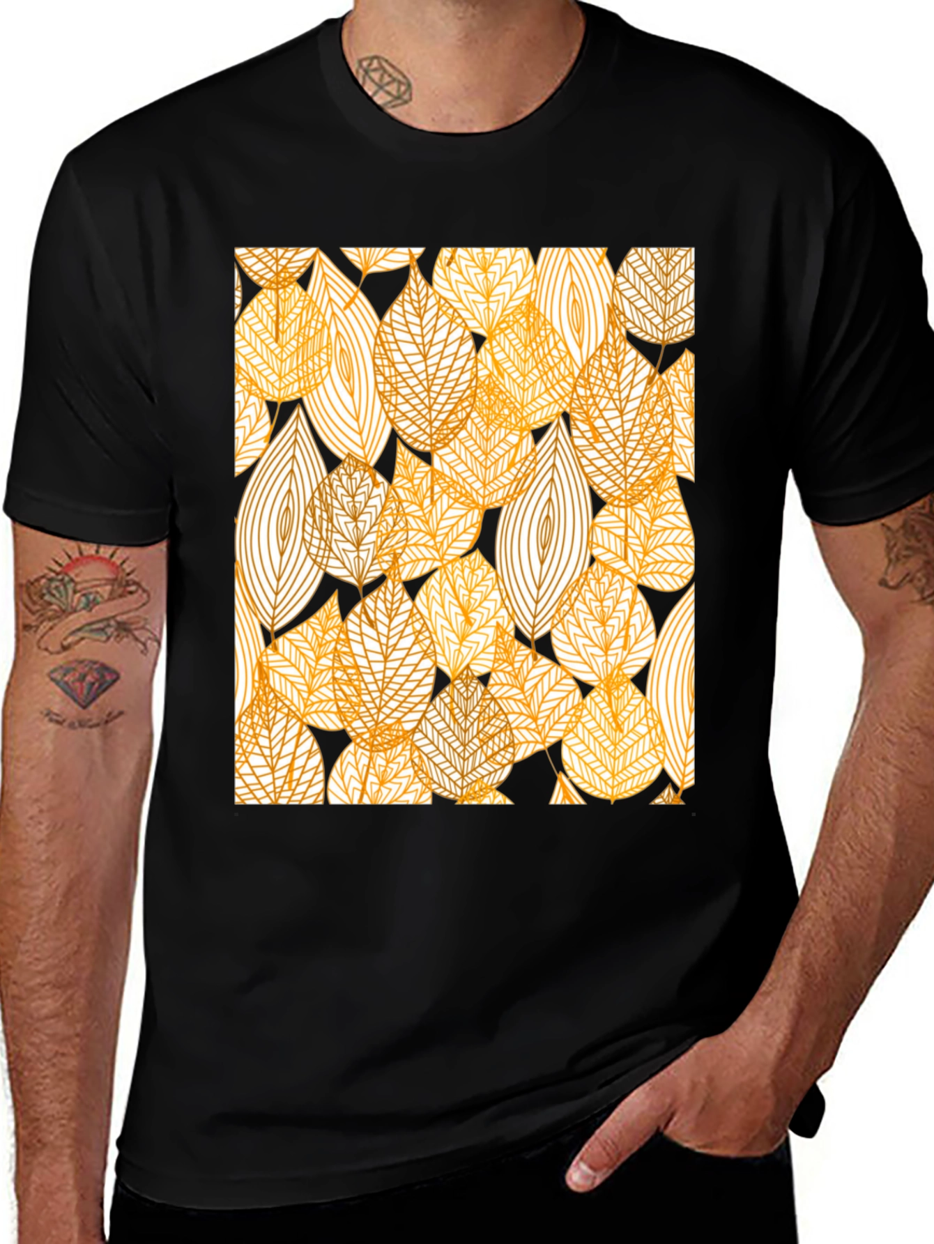 Stylish Leaf Pattern Black T-Shirt