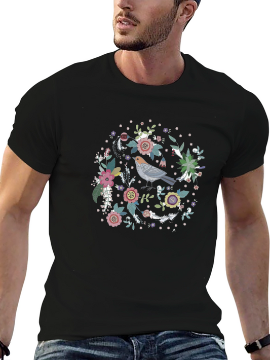 Floral Bird Graphic Tee - Black