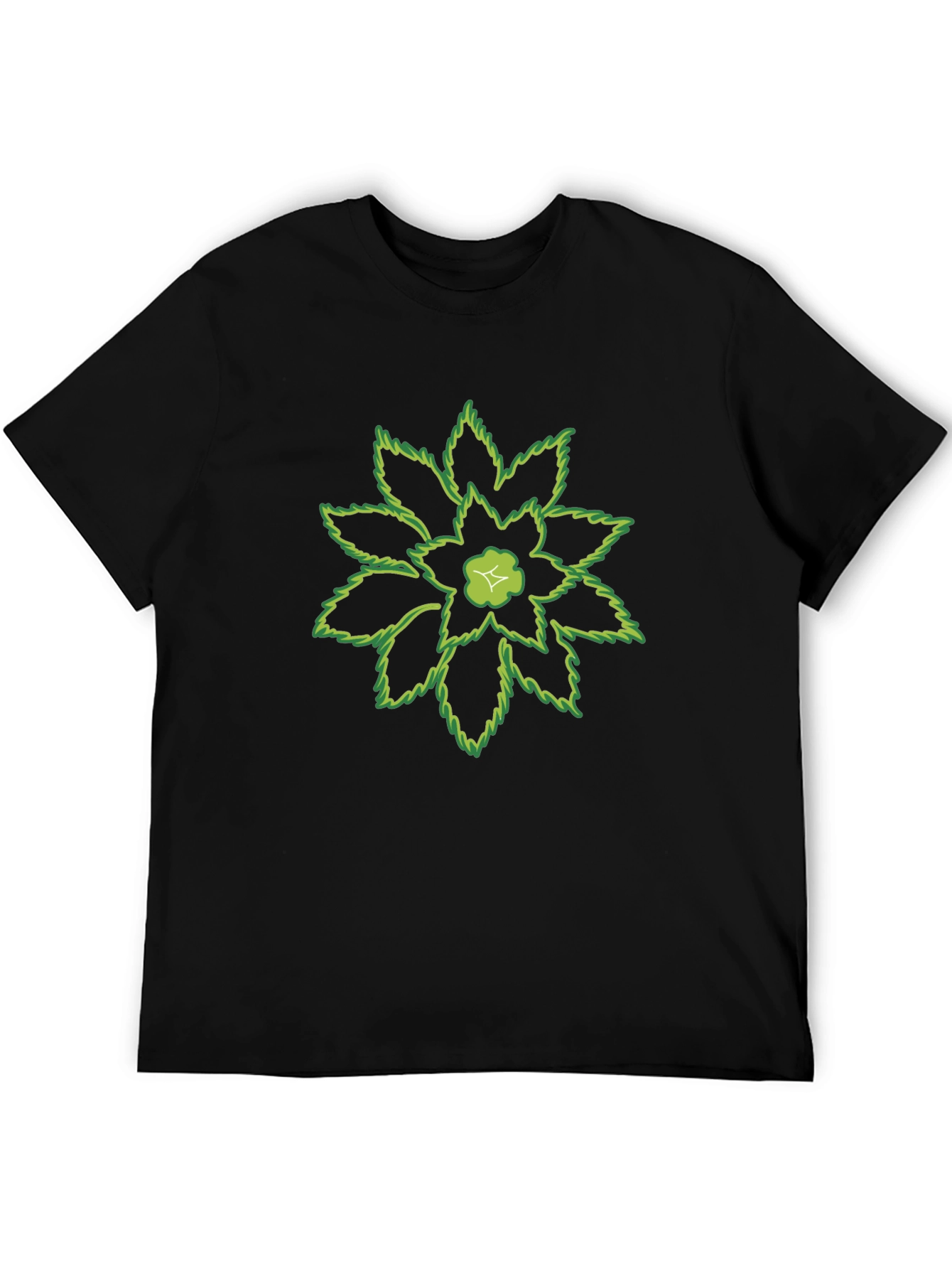 Green Floral Print Black T-Shirt