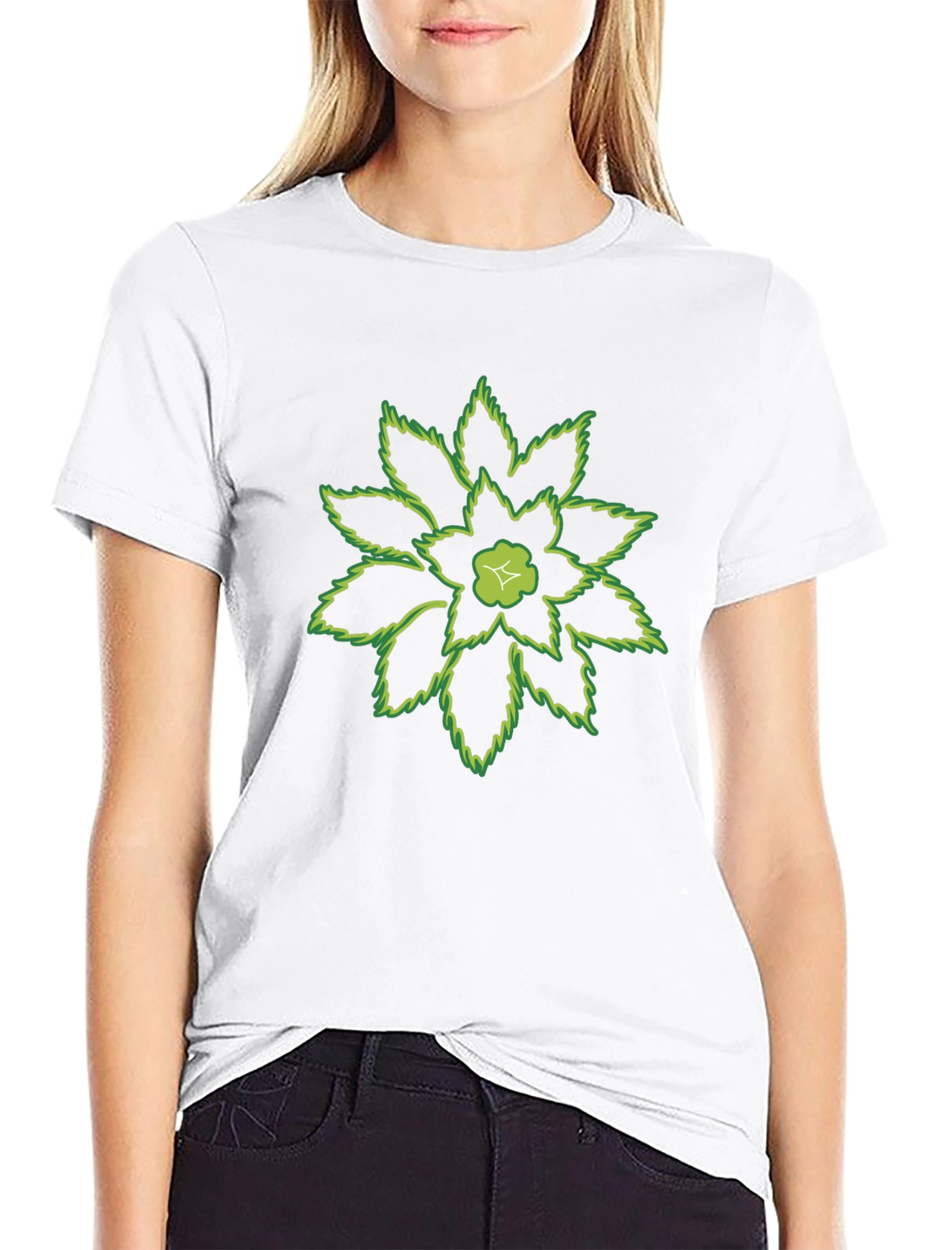 Green Floral Print Black T-Shirt