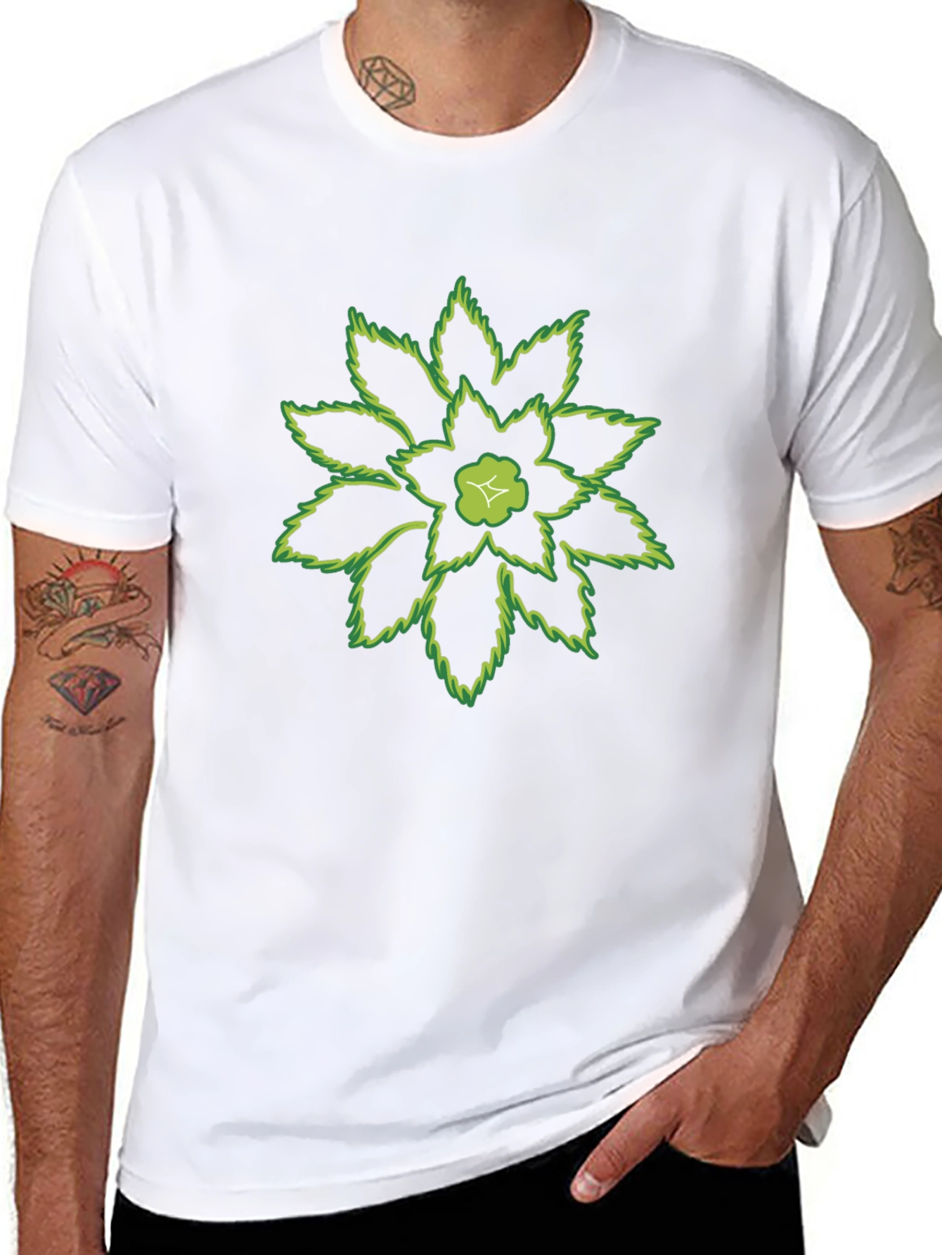 Green Floral Print Black T-Shirt