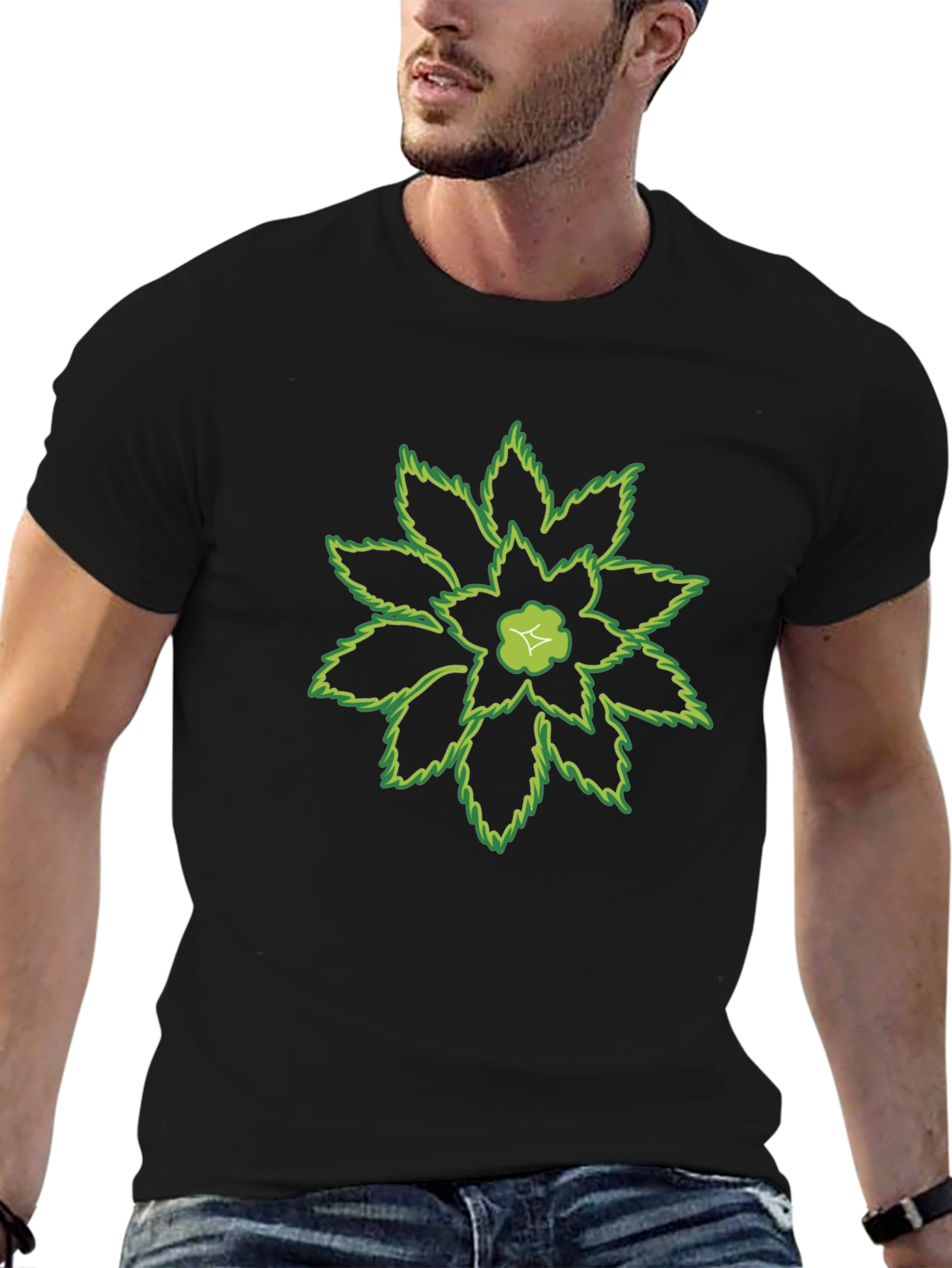 Green Floral Print Black T-Shirt