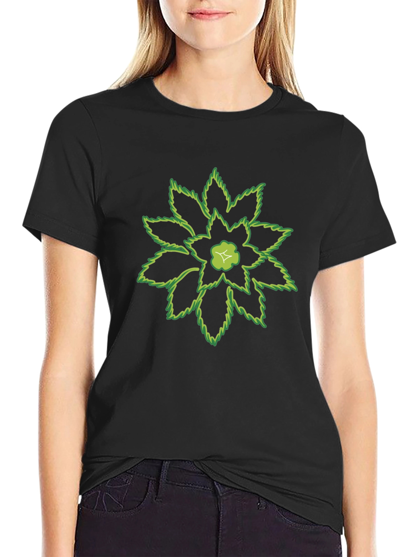Green Floral Print Black T-Shirt