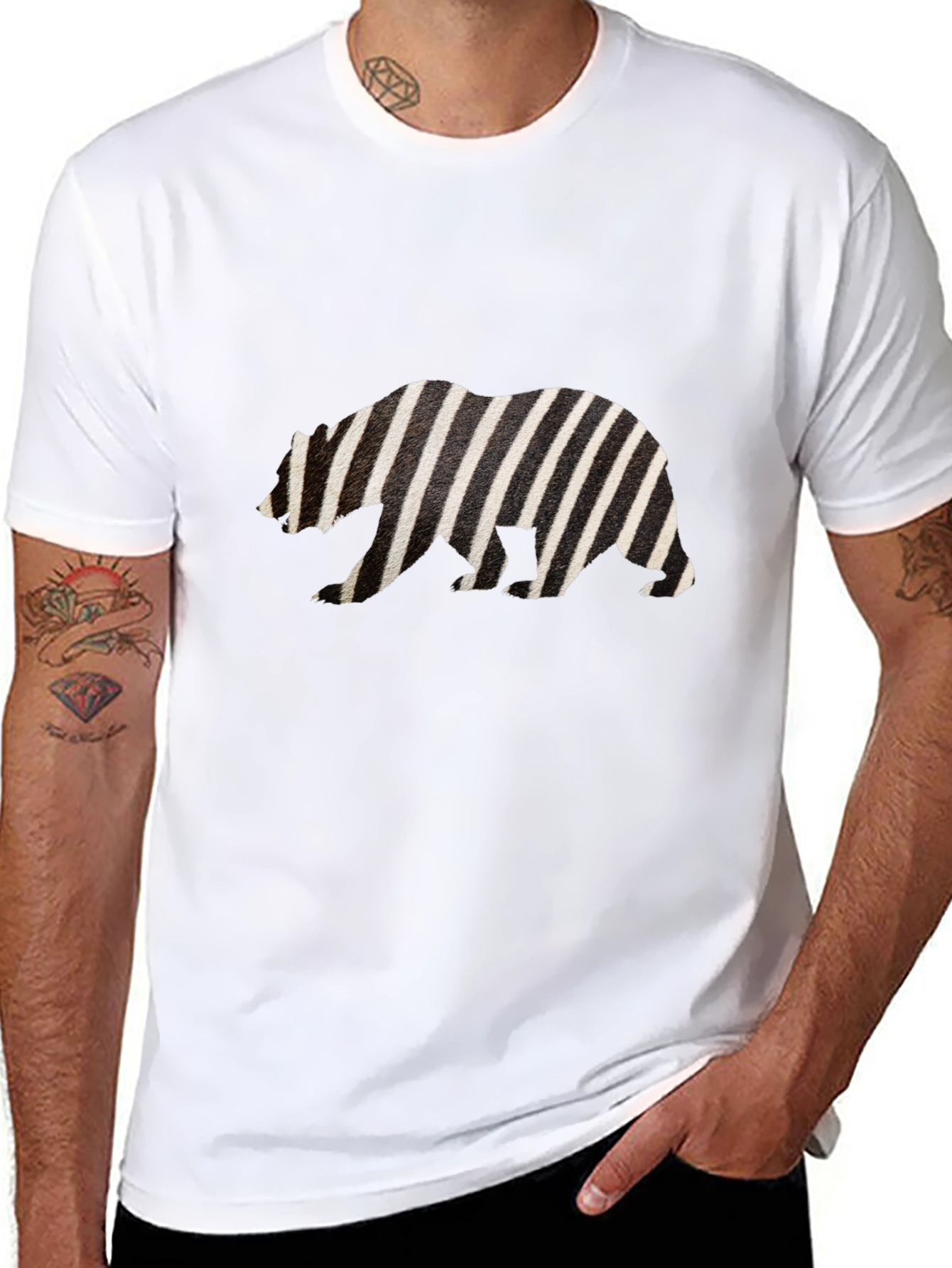 Zebra Striped Bear Graphic Tee - Mens Black T-Shirt