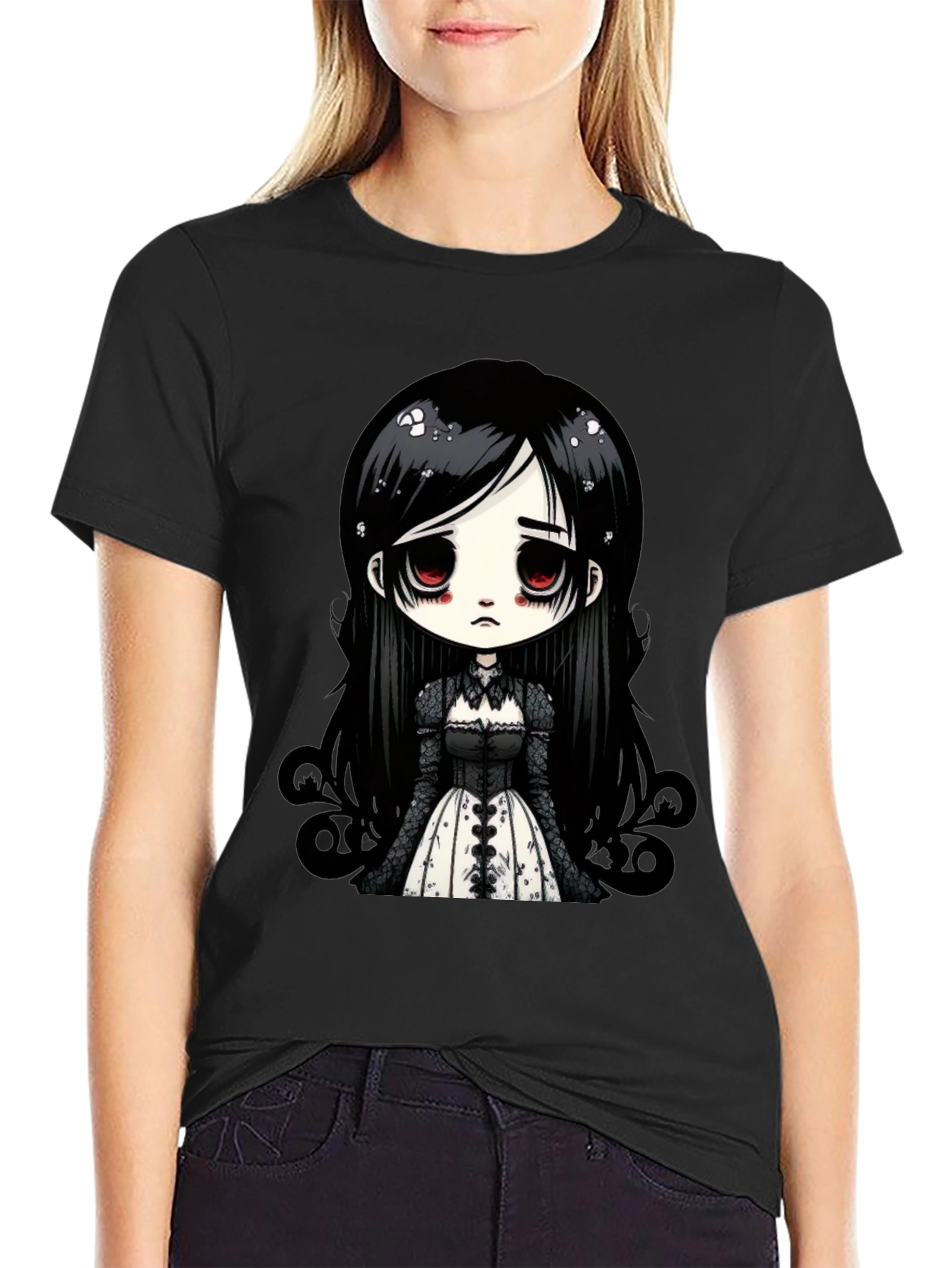 Gothic Doll T-Shirt - Emo Anime Style Black Tee