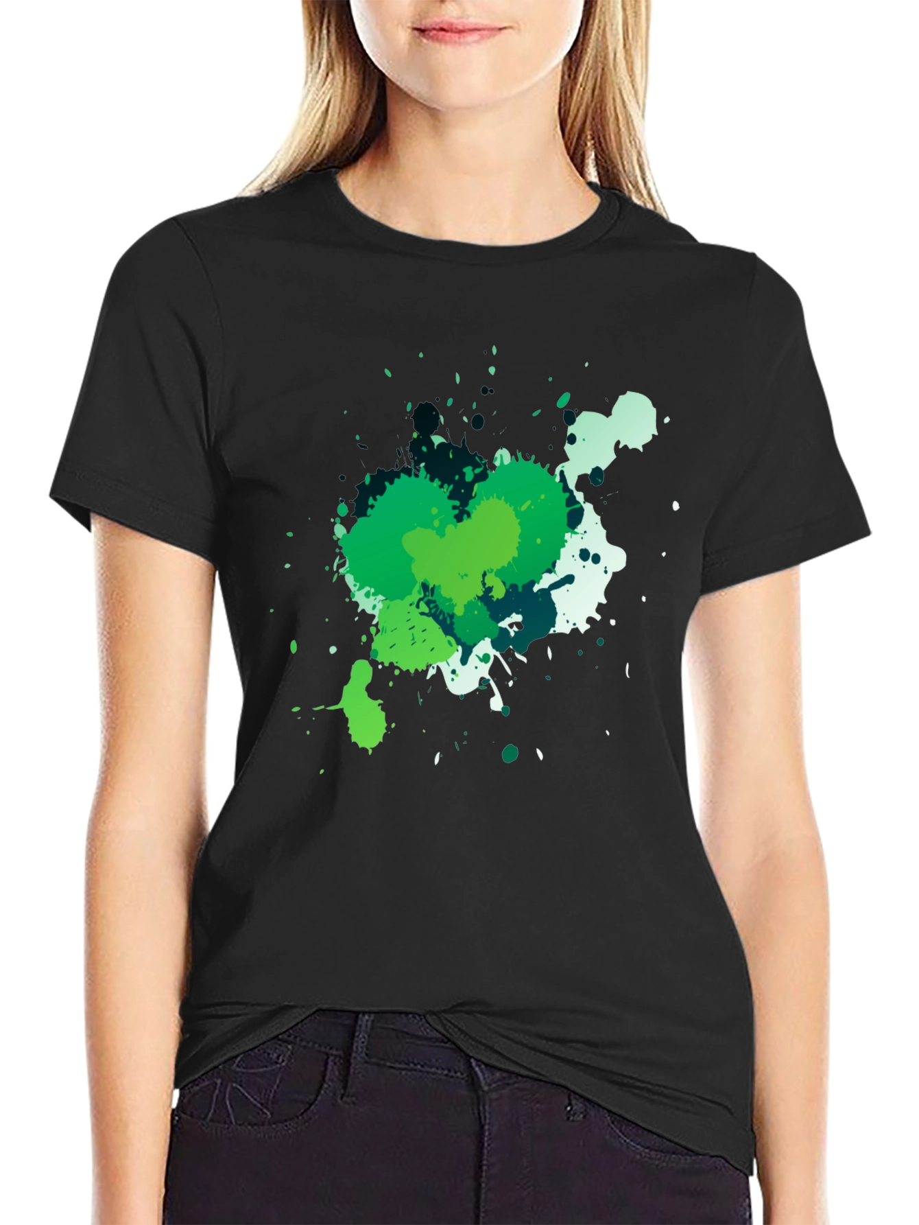 Abstract Green Splatter Graphic Black T-Shirt