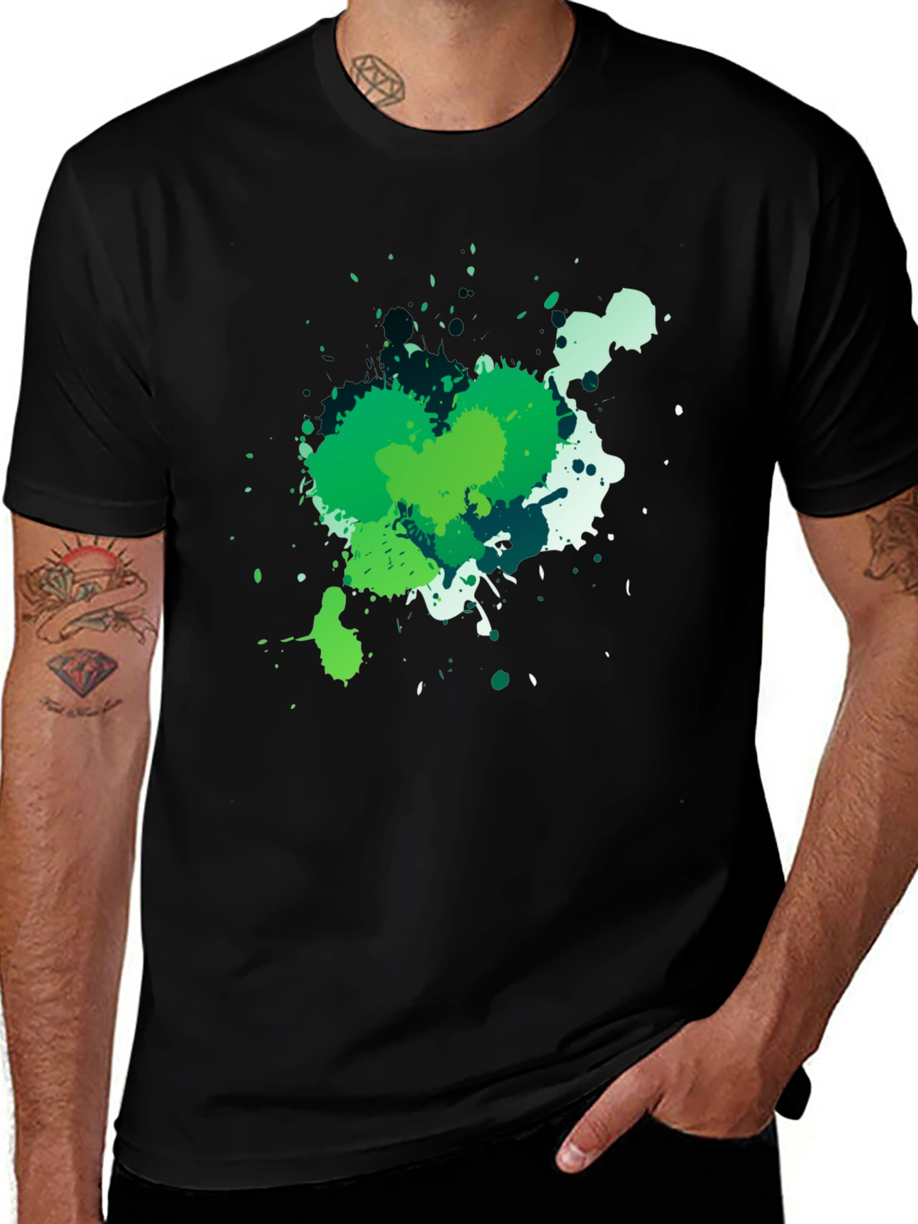 Abstract Green Splatter Graphic Black T-Shirt