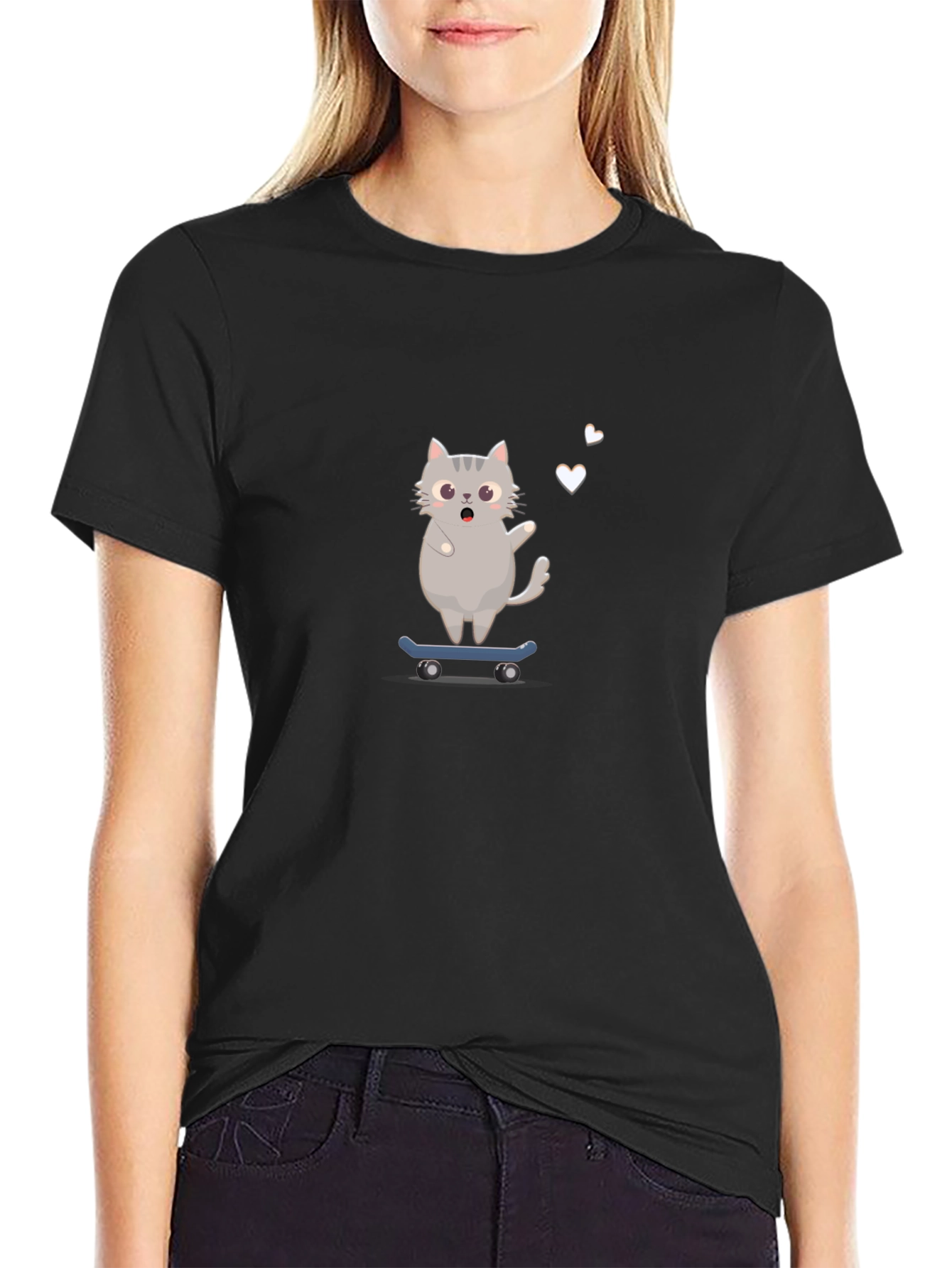 Skateboarding Cat Graphic Tee - Black T-Shirt