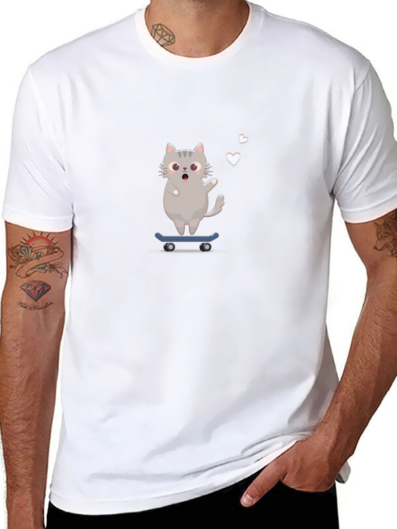 Skateboarding Cat Graphic Tee - Black T-Shirt